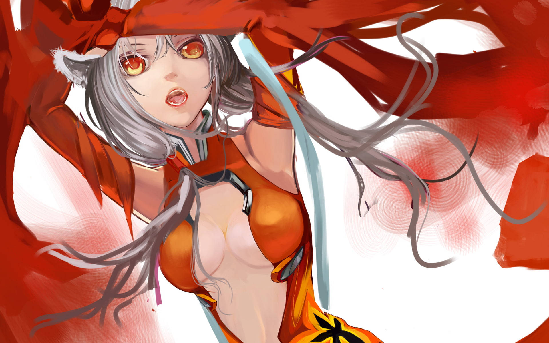 Sexy Anime 桌布 壁紙 — 一個充滿活力的動漫女孩，銀色頭髮和狐狸耳朵，穿著火紅色的服裝，在旋轉的紅白背景前擺姿勢。