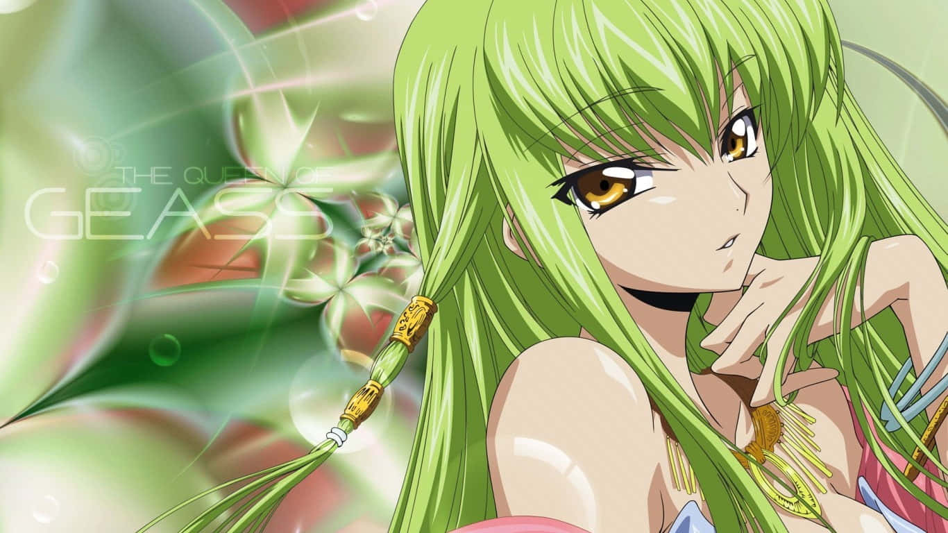 Code Geass C.c. 桌布 壁紙 — 一個充滿活力的動漫女孩，長著綠色長髮和金色眼睛，在發光的花卉背景前溫柔地凝視。