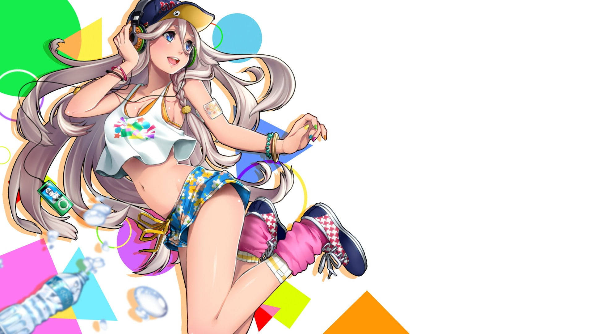 Sexy Anime 桌布 壁紙 — 一個充滿活力的動漫女孩，長著銀色長髮，在色彩繽紛的幾何背景前充滿活力地跳舞。