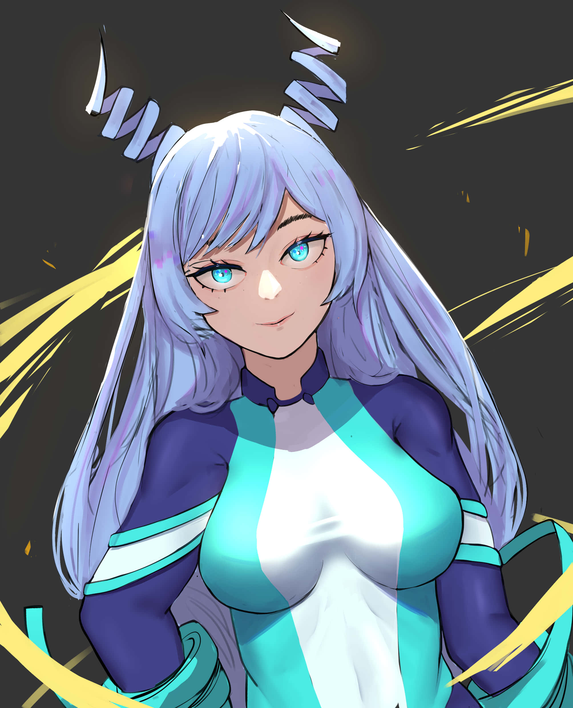 Nejire Hado 桌布 壁紙 — 一個充滿活力的動漫女孩，長著銀色長髮和藍色眼睛，穿著青色和紫色的服裝，背景是帶有黃色條紋的深色背景。