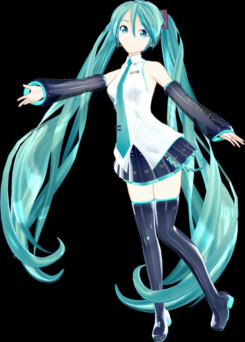 Vocaloid 桌布 壁紙 — 一個充滿活力的動漫女孩，長著長長的藍綠色頭髮和未來主義的服裝，在黑色背景前優雅地擺姿勢。