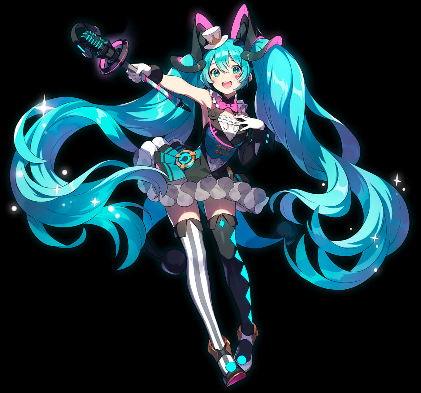 Vocaloid 桌布 壁紙 — 一個充滿活力的動漫女孩，長著長長的青色頭髮和貓耳，在黑色背景上揮舞著發光的劍，帶有閃閃發光的效果。