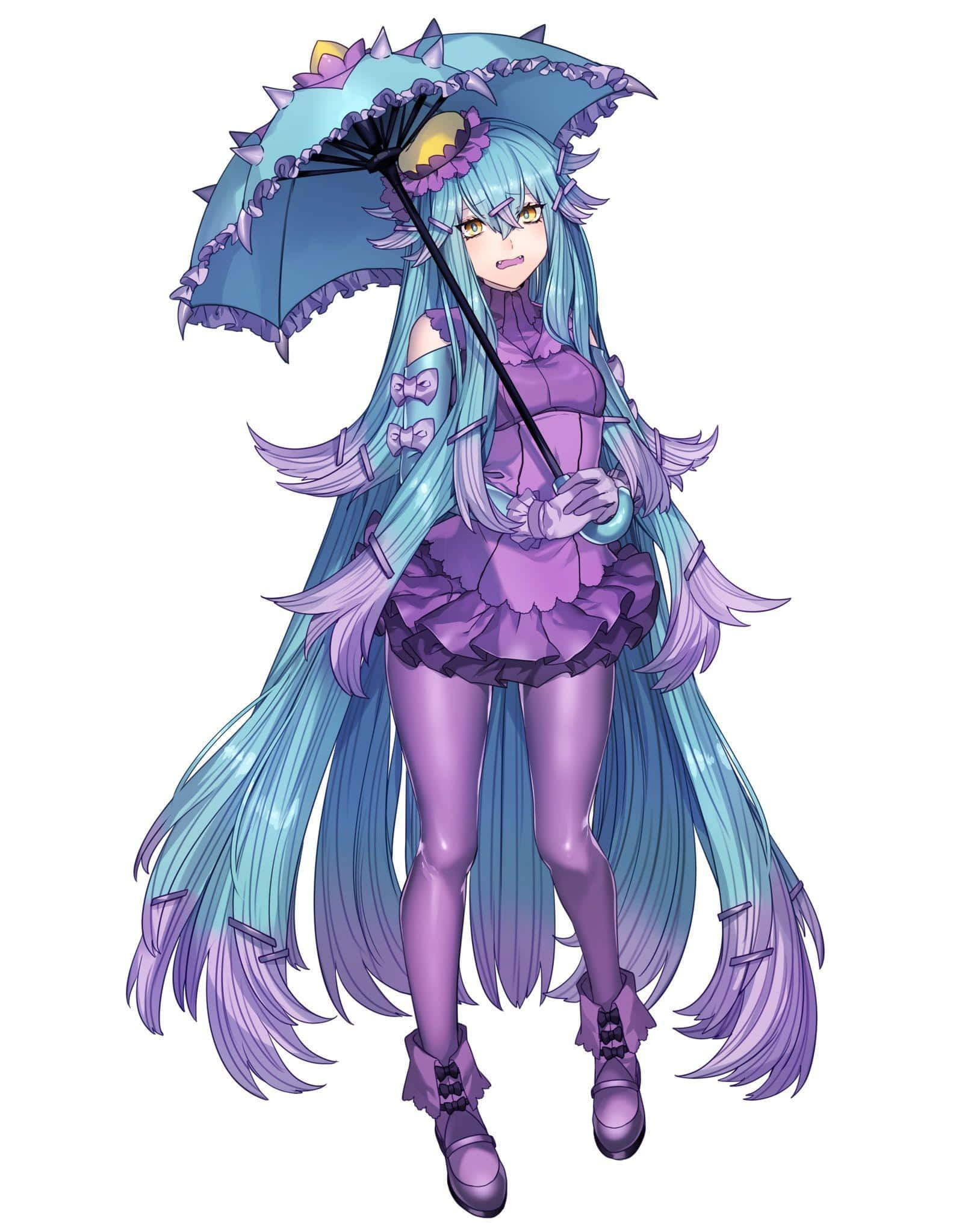 電玩遊戲 桌布 壁紙 — 一個充滿活力的動漫女孩，長長的藍色頭髮，穿著紫色服裝，拿著相配的華麗雨傘。