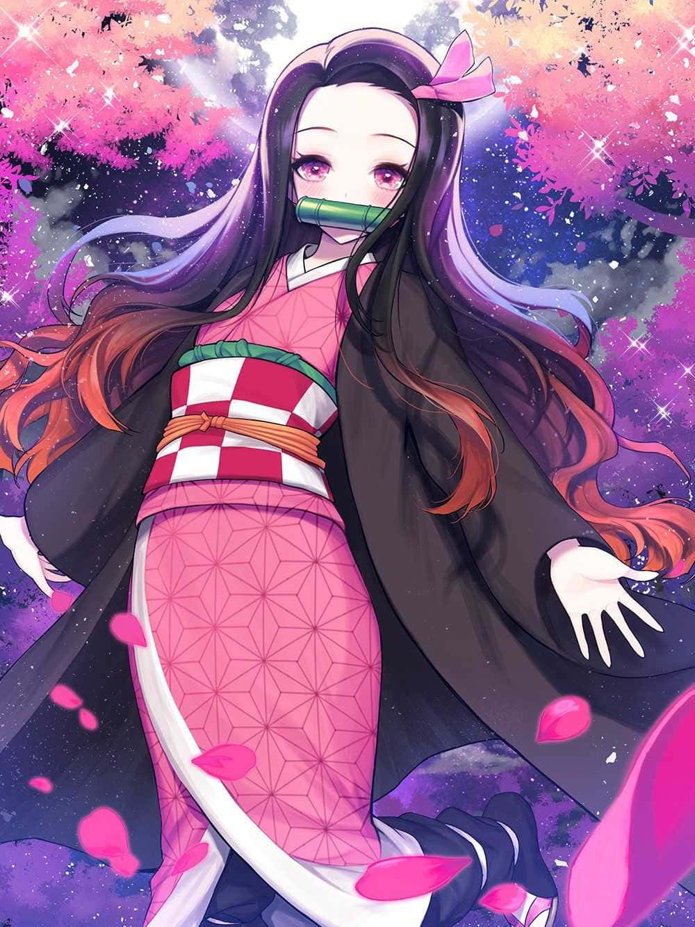 動漫女孩 桌布 壁紙 — 一個充滿活力的動漫女孩，長髮飄逸，身穿粉紅色和服，站在充滿閃爍星星和飄落櫻花的宇宙天空中。