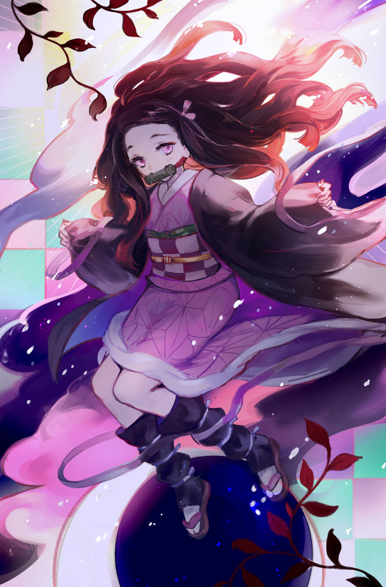 禰豆子 桌布 壁紙 — 一個充滿活力的動漫女孩，飄逸的紅髮和紫色和服，跳過色彩繽紛的格子天空，櫻花在她周圍旋轉。