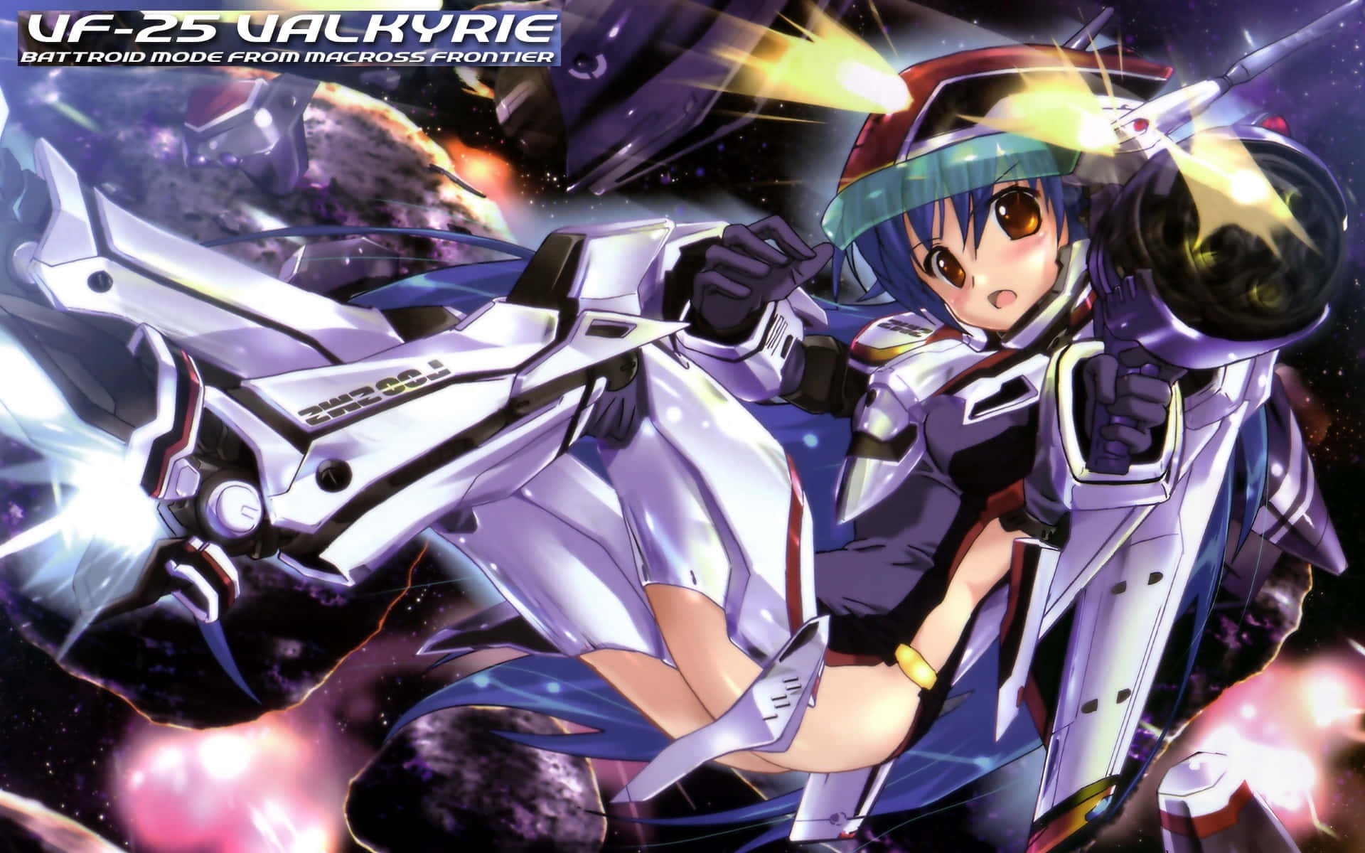 Macross 桌布 壁紙 — 一個充滿活力的動漫女孩在未來主義的白色和紫色戰鬥機器人中，在星光燦爛的宇宙戰場上使用發光的能量爆炸進行戰鬥。