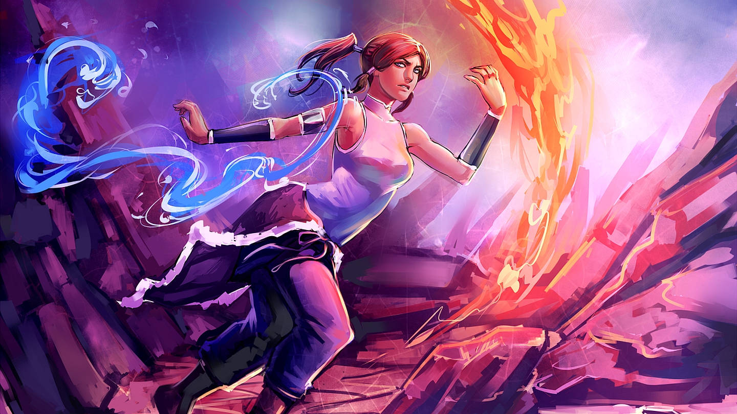Korra 桌布 壁紙 — 一個充滿活力的動漫女孩揮舞著旋轉的藍色和橙色元素能量，對抗參差不齊的紫色岩石 formations。
