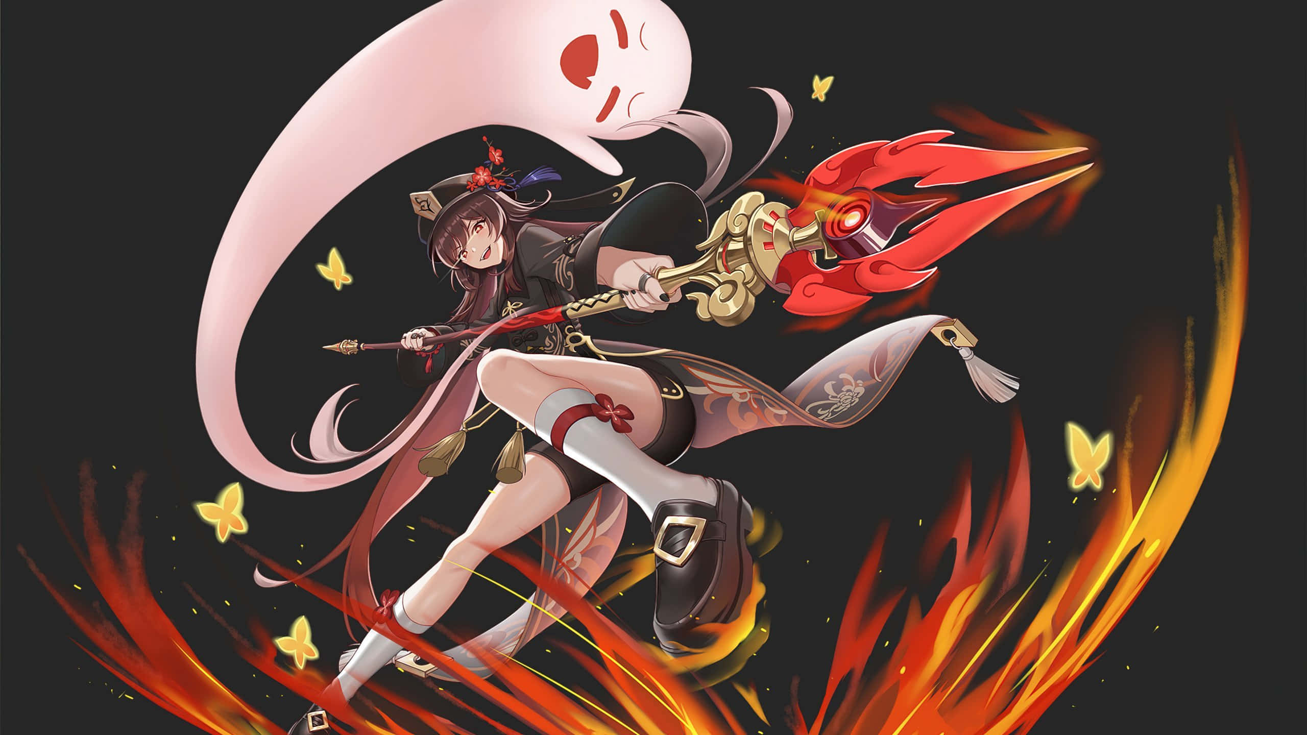 胡桃 桌布 壁紙 — 一個充滿活力的動漫女孩揮舞著火焰武器，粉紅色的幽靈在她周圍盤旋，伴隨著發光的蝴蝶。