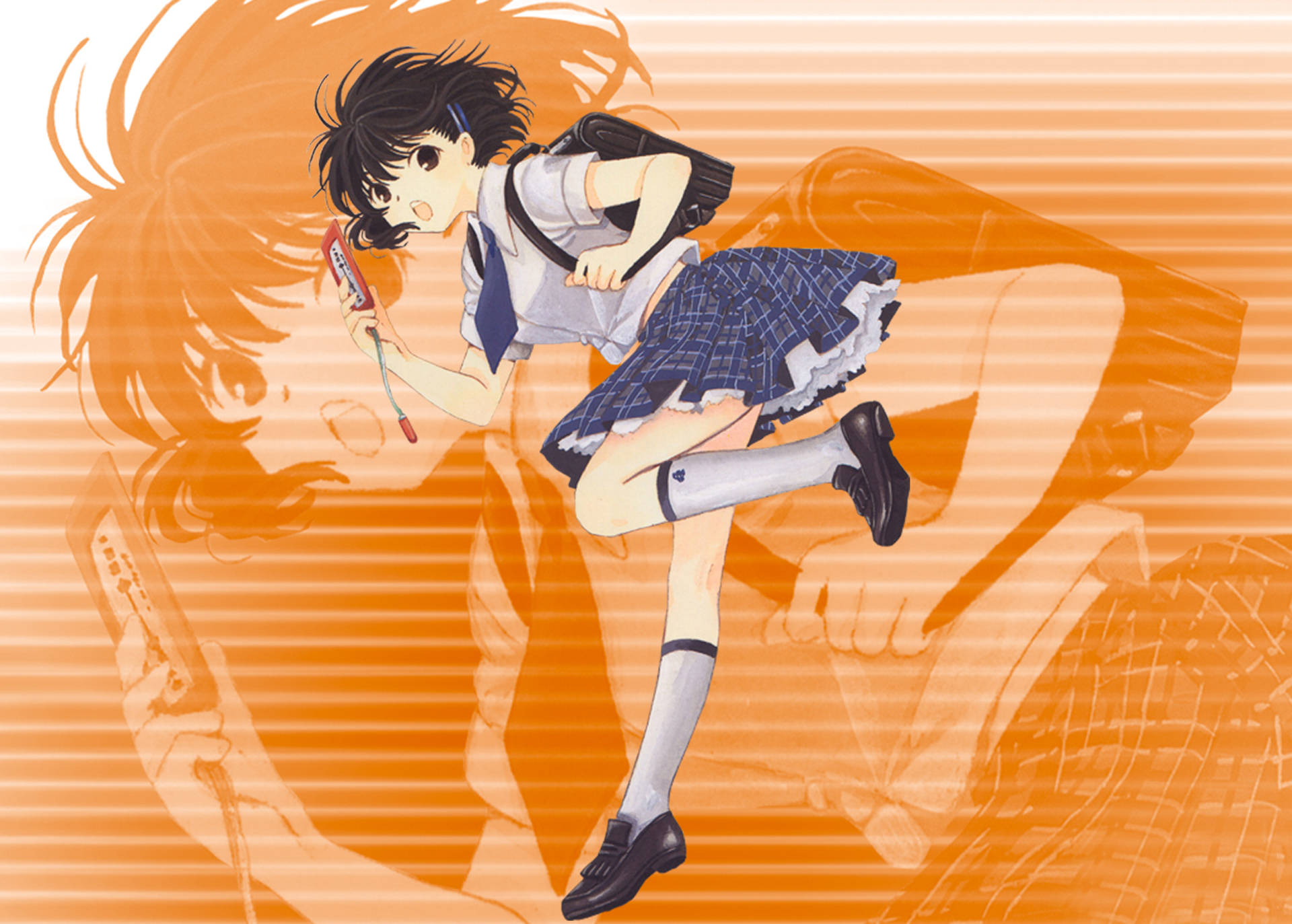 Chobits 桌布 壁紙 — 一個充滿活力的動漫女孩穿著校服，在鮮豔的橙色條紋背景前手持電話向前跳躍。