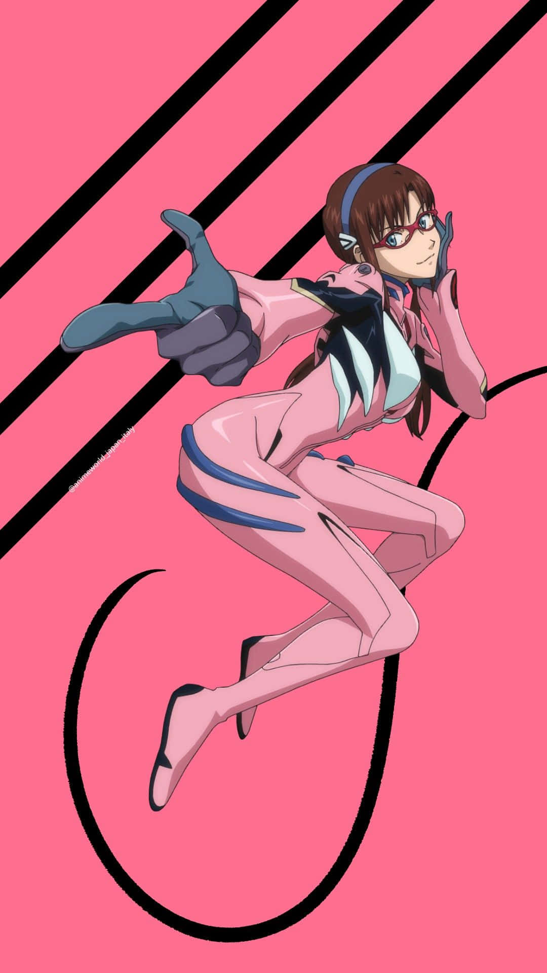 Mari Illustrious Makinami 桌布 壁紙 — 一個充滿活力的動漫女孩穿著粉紅色西裝，在醒目的粉紅色和黑色對角線背景前擺出自信的姿勢。