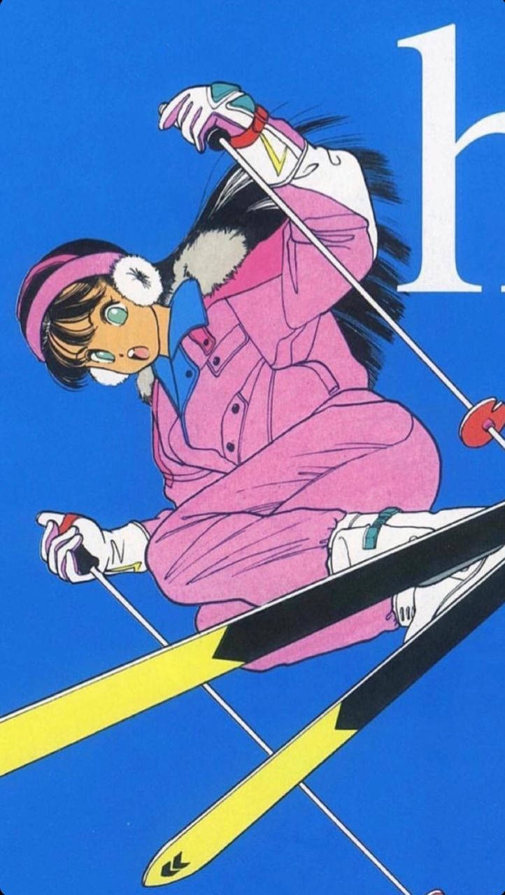 Aesthetic Anime Phone 桌布 壁紙 — 一個充滿活力的動漫女孩穿著粉紅色滑雪服，動感地靠在黃色滑雪板上，背景是純藍色。