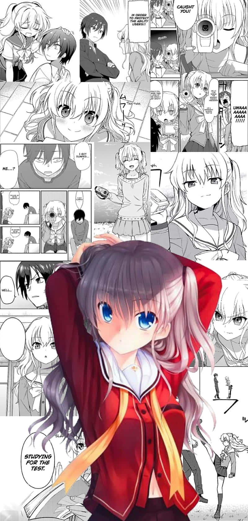 動漫 桌布 壁紙 — 一個充滿活力的動漫女孩穿著紅色校服站在中央，周圍是黑白漫畫面板，描繪了各種角色和場景。