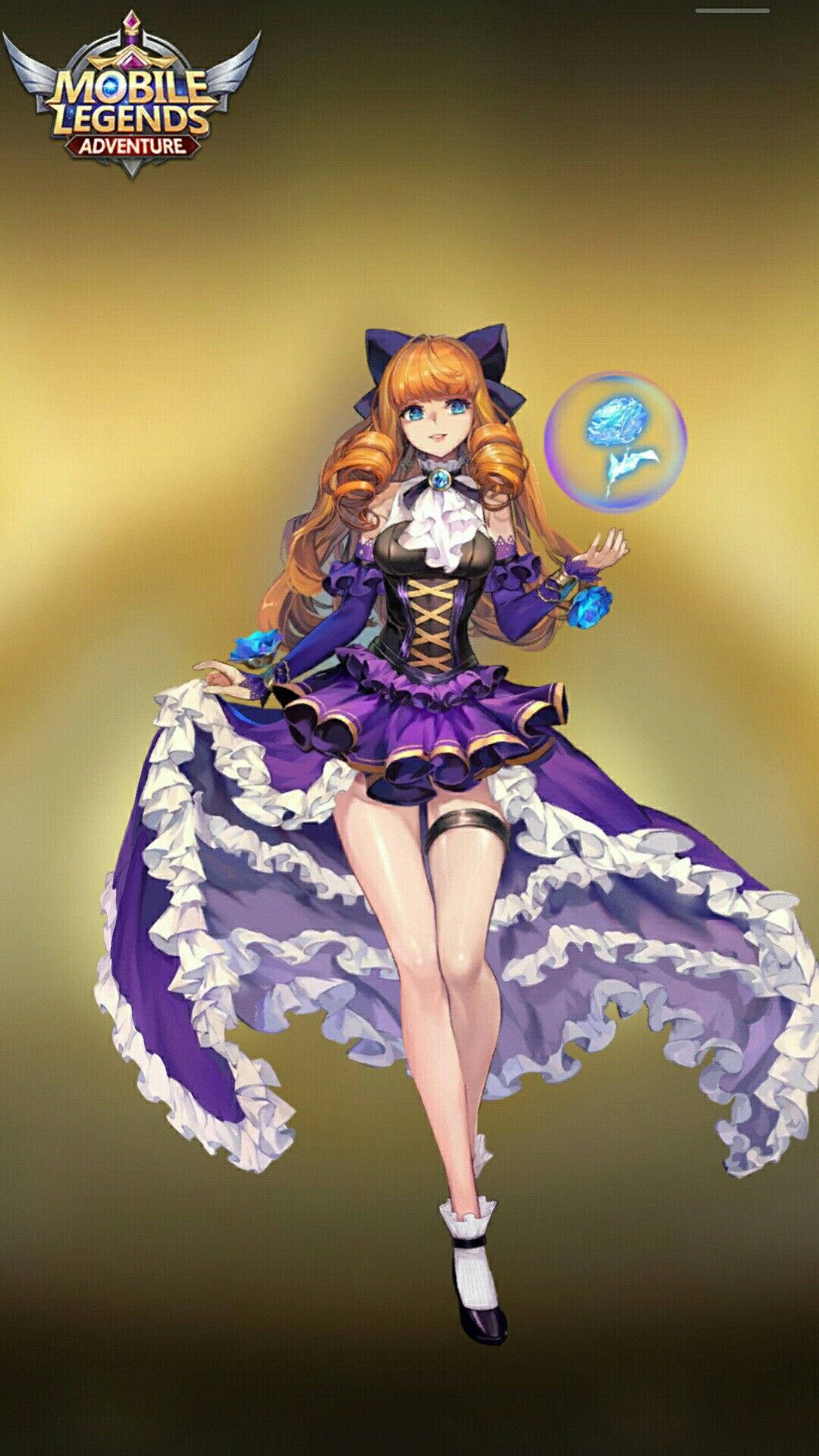 Guinevere 桌布 壁紙 — 一個充滿活力的動漫女孩穿著紫色荷葉邊連衣裙，在金色漸變背景中漂浮，手持發光的藍色玫瑰。