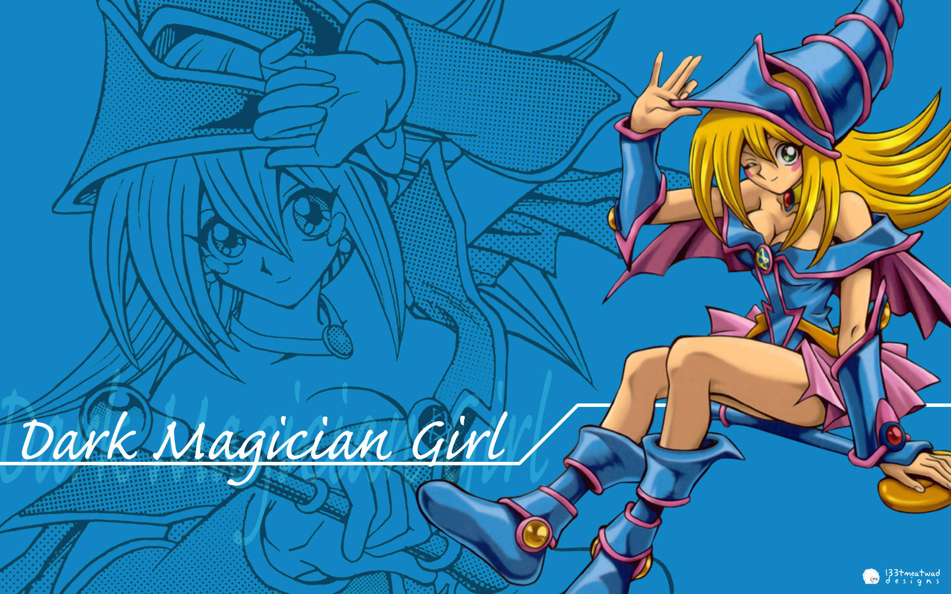 Yugioh 桌布 壁紙 — 一個充滿活力的動漫女孩穿著藍色和粉紅色的魔術師服裝，在藍色背景前自信地擺姿勢，背後有她自己褪色的線條藝術版本。