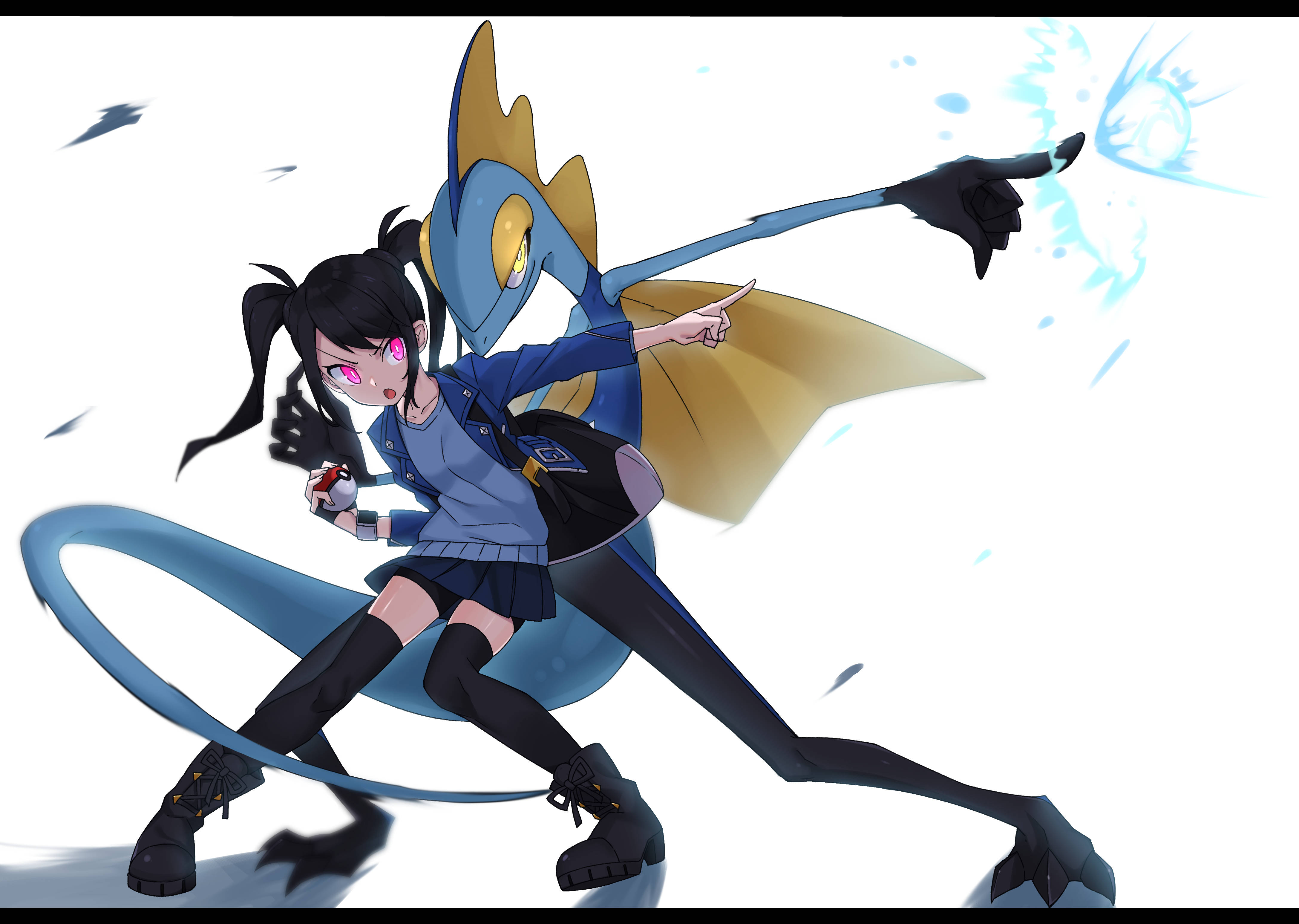 動漫女孩 桌布 壁紙 — 一個充滿活力的動漫女學生穿著校服，與一隻藍色龍系寶可夢並肩作戰，釋放出閃耀的冰系攻擊。