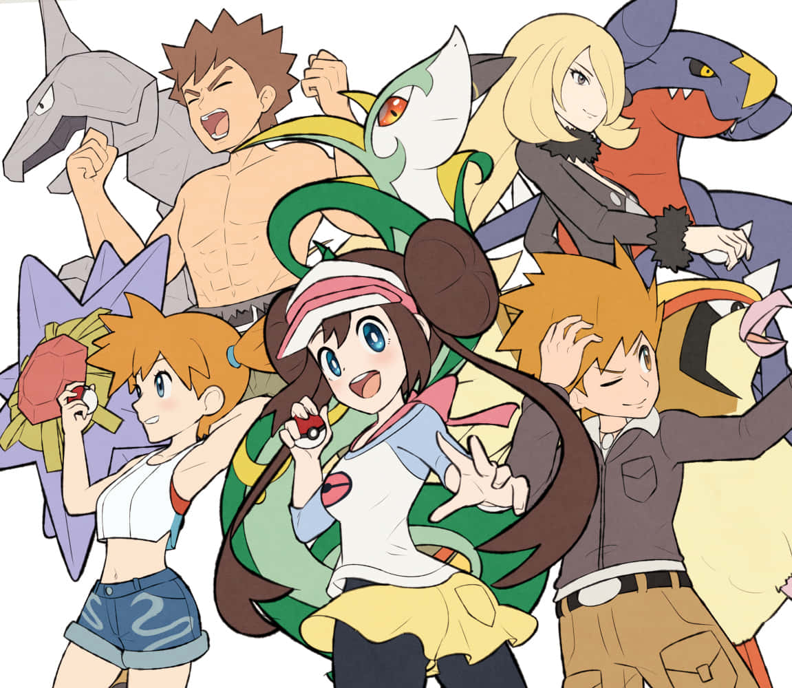 Pokemon Masters 桌布 壁紙 — 一個充滿活力的動漫寶可夢訓練家與他們的寶可夢在白色背景前充滿活力地擺姿勢。