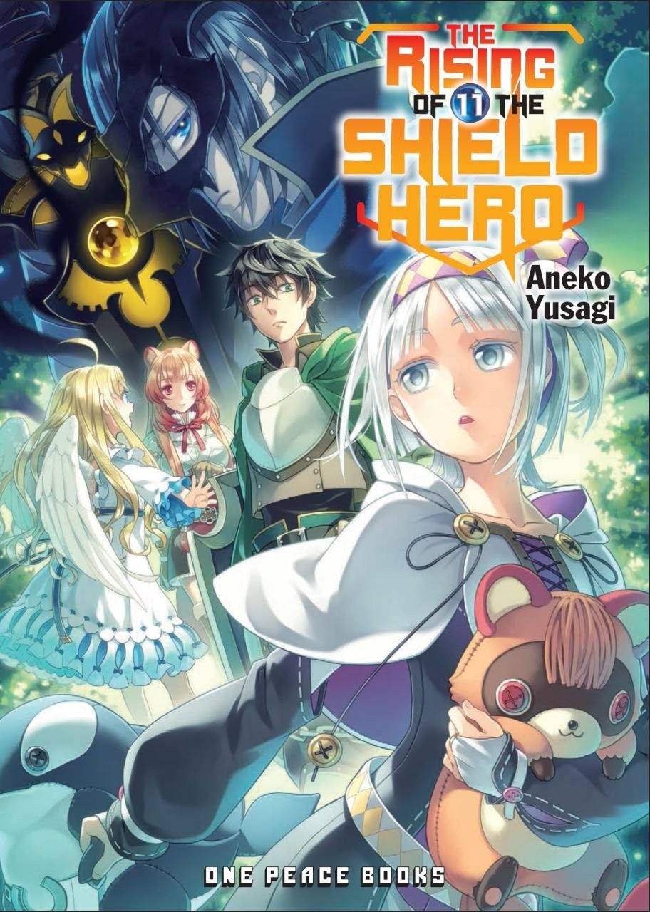 shield 桌布 壁紙 — 一個充滿活力的動漫封面，展示一群奇幻角色，包括一個白髮女孩抱著一隻泰迪熊，背後有一個威脅性的陰影人物潛伏著。