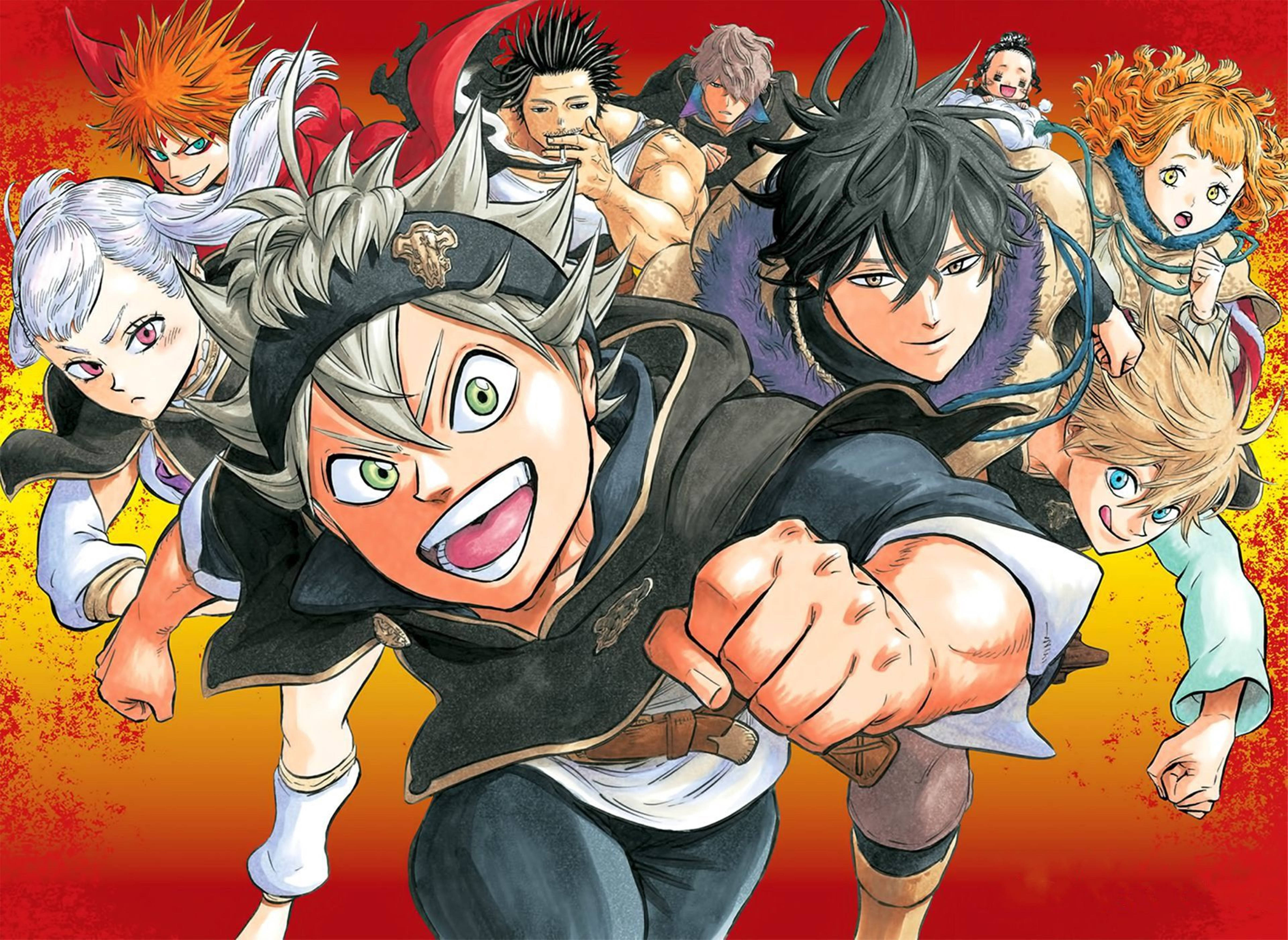 Black Clover Anime 桌布 壁紙 — 一個充滿活力的動漫小組帶著兇猛的表情衝向前方，背景是火紅和橙色的。