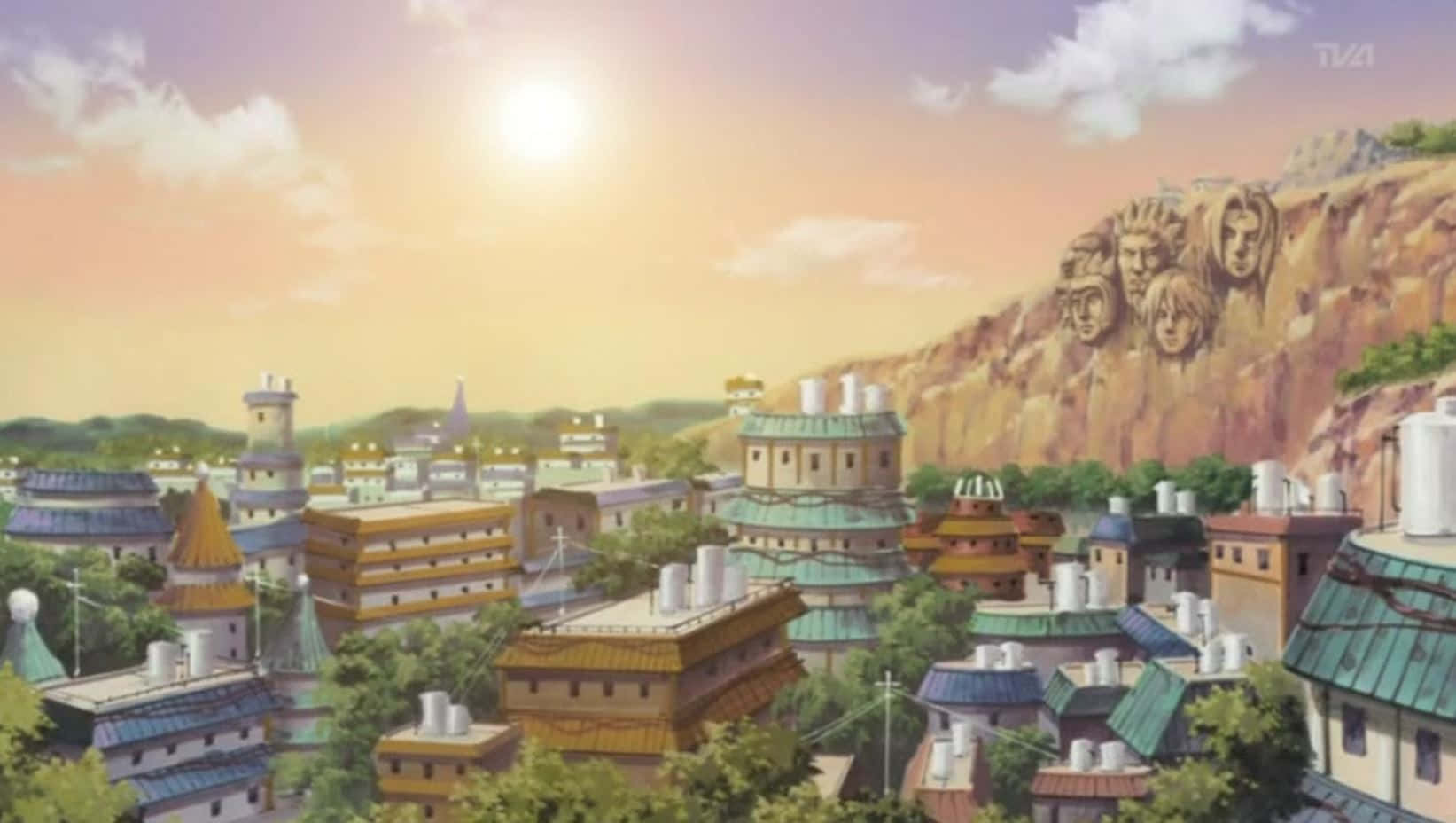 Konoha 桌布 壁紙 — 一個充滿活力的動漫小鎮坐落在山谷中，懸崖邊有四個巨大面孔的雕刻，在溫暖的日落天空下。