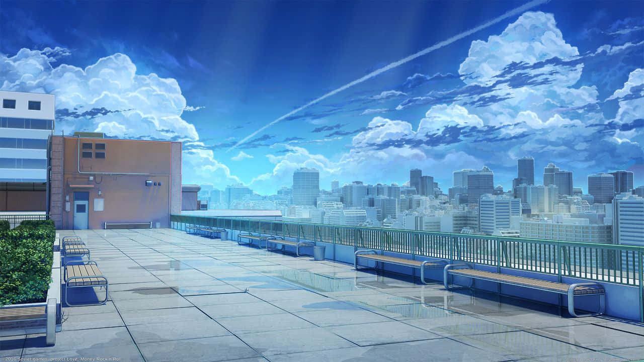 Rooftop 桌布 壁紙 — 一個充滿活力的動漫屋頂俯瞰著廣闊的城市景觀，天空湛藍，白雲飄飄，陽光普照。