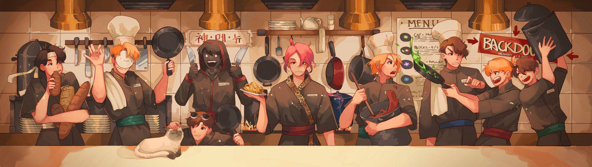 Mcyt 桌布 壁紙 — 一個充滿活力的動漫廚房場景，廚師們穿著制服，充滿活力地拿著平底鍋擺姿勢，還有一隻貓在櫃檯上休息。