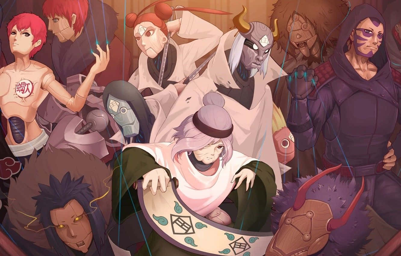 Kankuro 桌布 壁紙 — 一個充滿活力的動漫忍者團體，擁有獨特的面具和鮮豔的紅色、紫色和粉紅色，在戲劇性的戰鬥場景中。