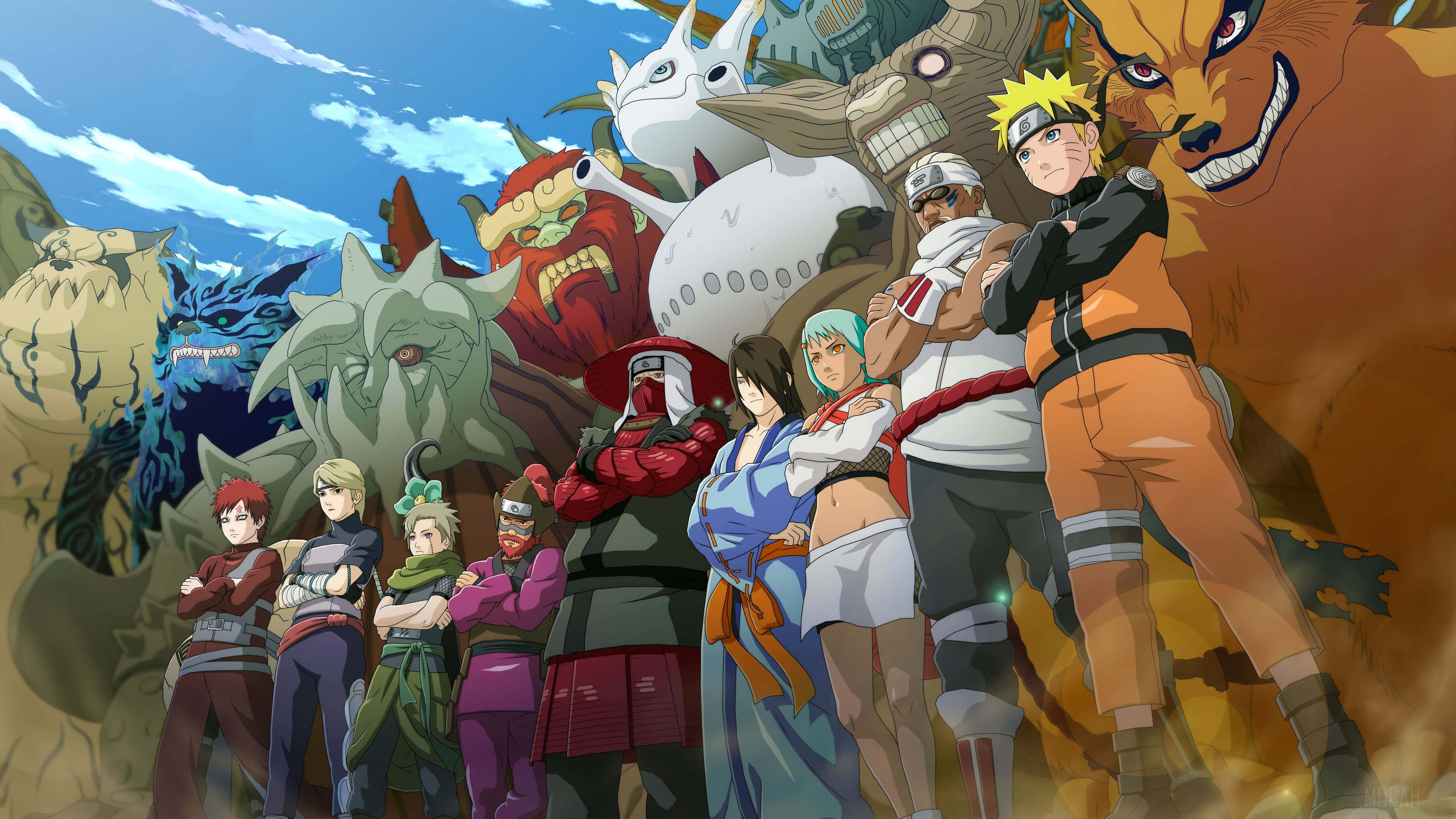 Gaara Naruto Anime 桌布 壁紙 — 一個充滿活力的動漫忍者與巨獸群體，在帶有雲朵的明亮藍天下英勇站立。