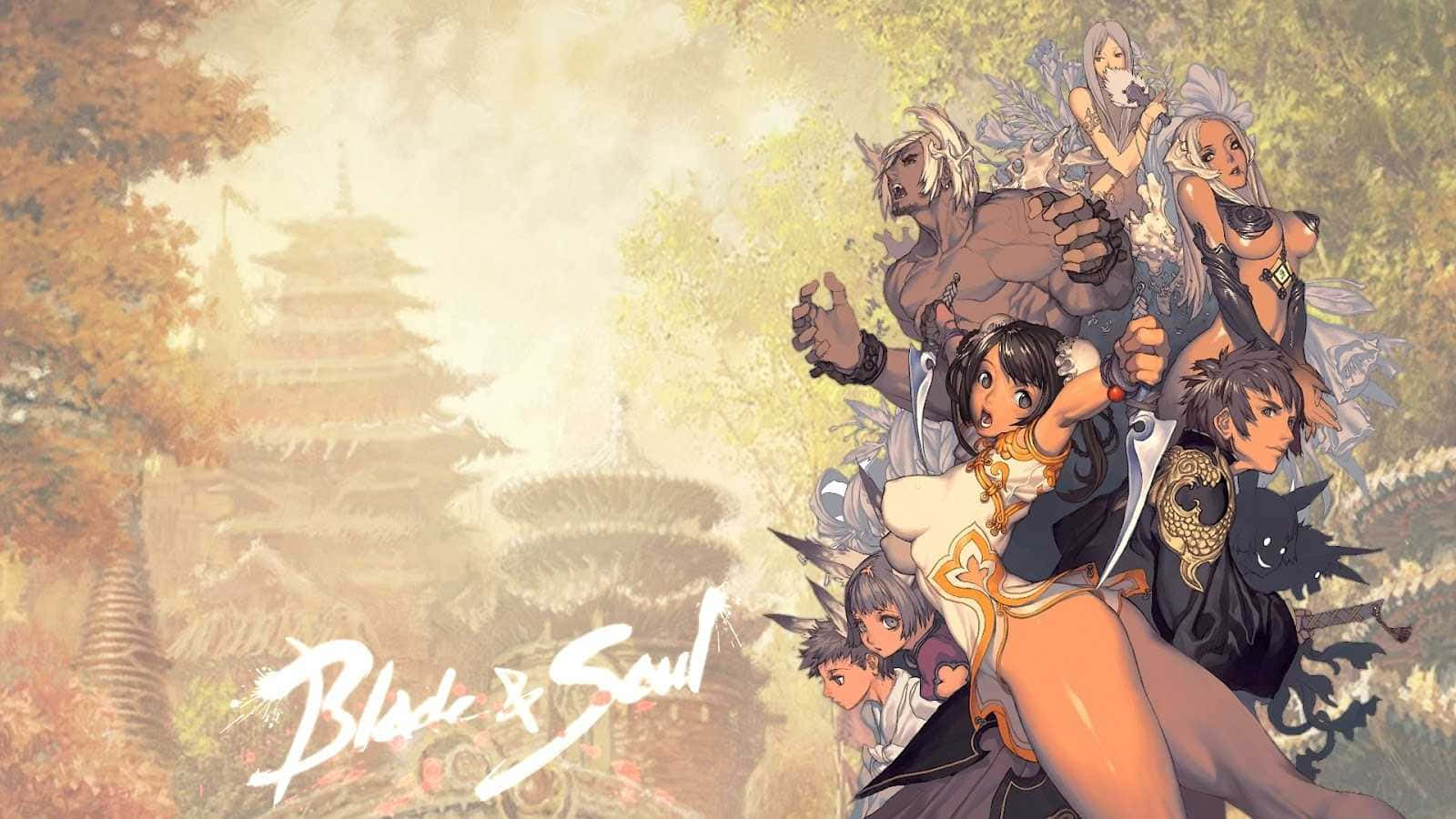 電玩遊戲 桌布 壁紙 — 一個充滿活力的動漫戰士和法師團體，在秋葉中英勇地站在霧氣籠罩的寶塔前。