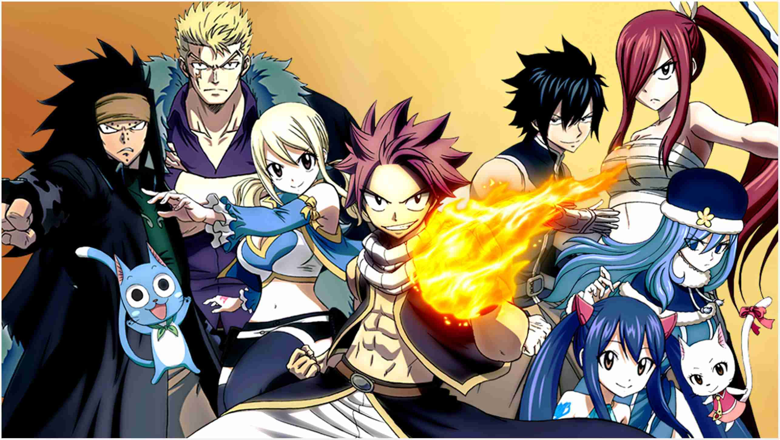 natsu dragneel 桌布 壁紙 — 一個充滿活力的動漫戰士和魔法生物群體，在溫暖的金色背景下英勇地擺出姿勢。