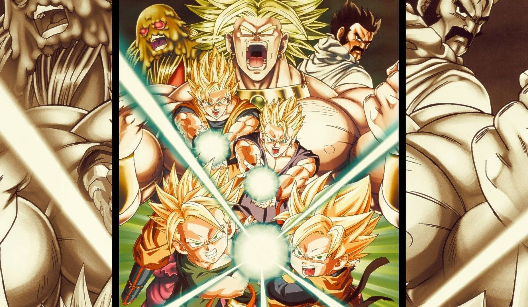 Goten 桌布 壁紙 — 一個充滿活力的動漫戰鬥場景，多個超級賽亞人角色在充滿活力的動作構圖中釋放能量爆炸。