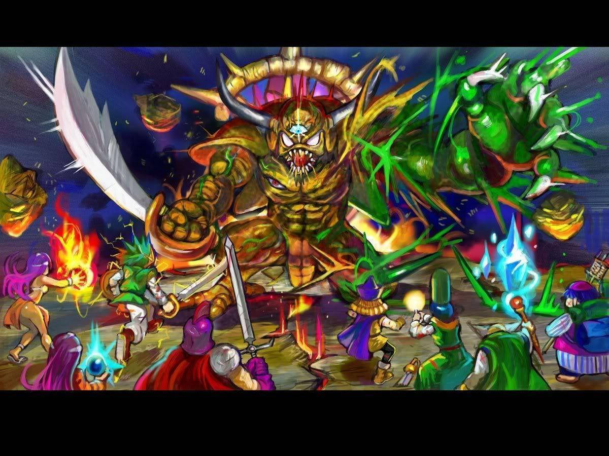 遊戲 桌布 壁紙 — 一個充滿活力的動漫戰鬥場景，英雄們手持發光的魔法武器，在熾熱的爆炸和綠色能量爆發中對抗一個巨大的金色角惡魔。