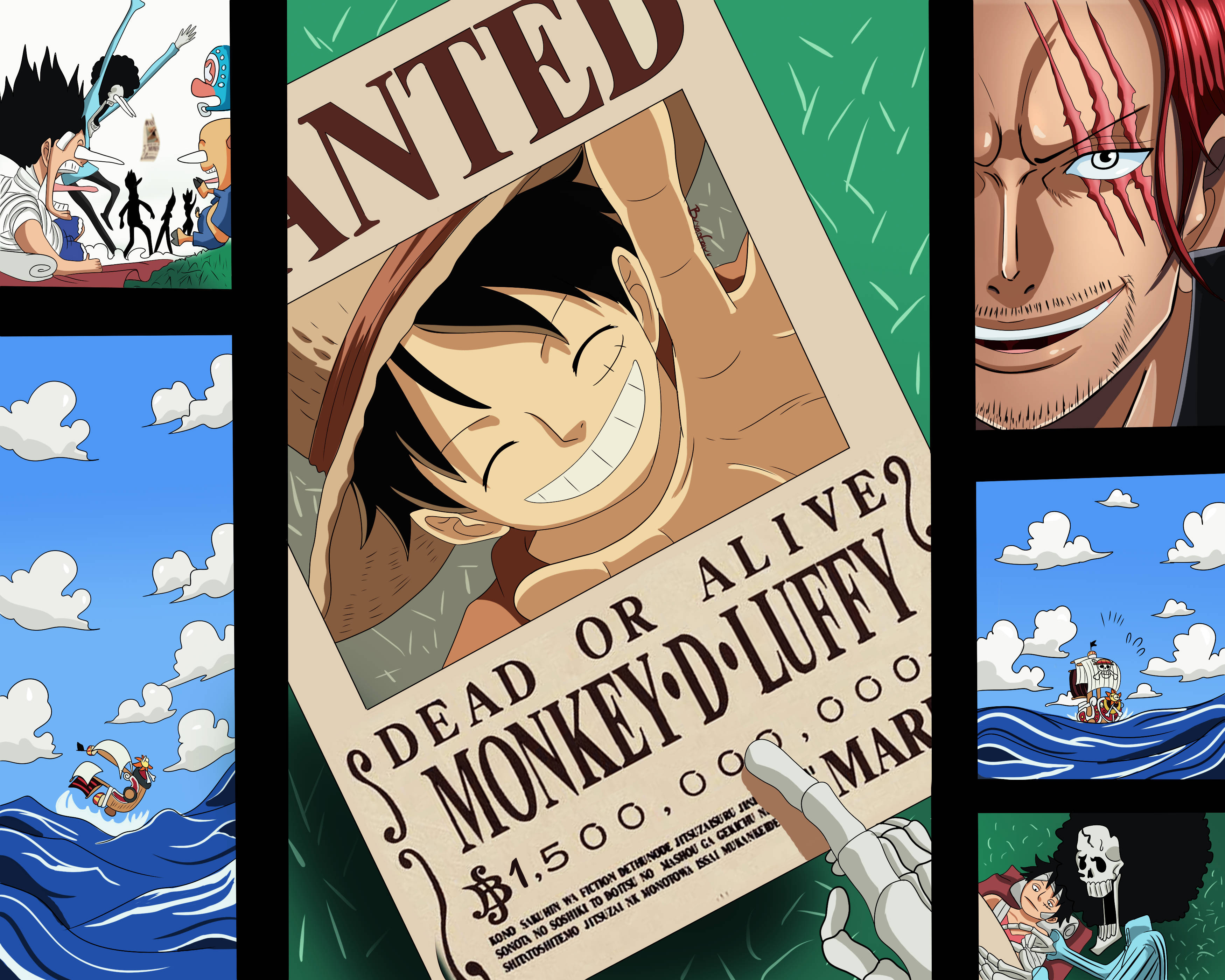 Shanks 桌布 壁紙 — 一個充滿活力的動漫拼貼畫， featuring 蒙奇·D·魯夫的通緝海報，周圍環繞著冒險和他的船員的場景。