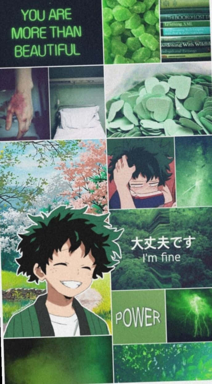 Deku Phone 桌布 壁紙 — 一個充滿活力的動漫拼貼畫， featuring 一個微笑的角色、綠色植物、勵志文字和自然場景，統一在綠色主題中。