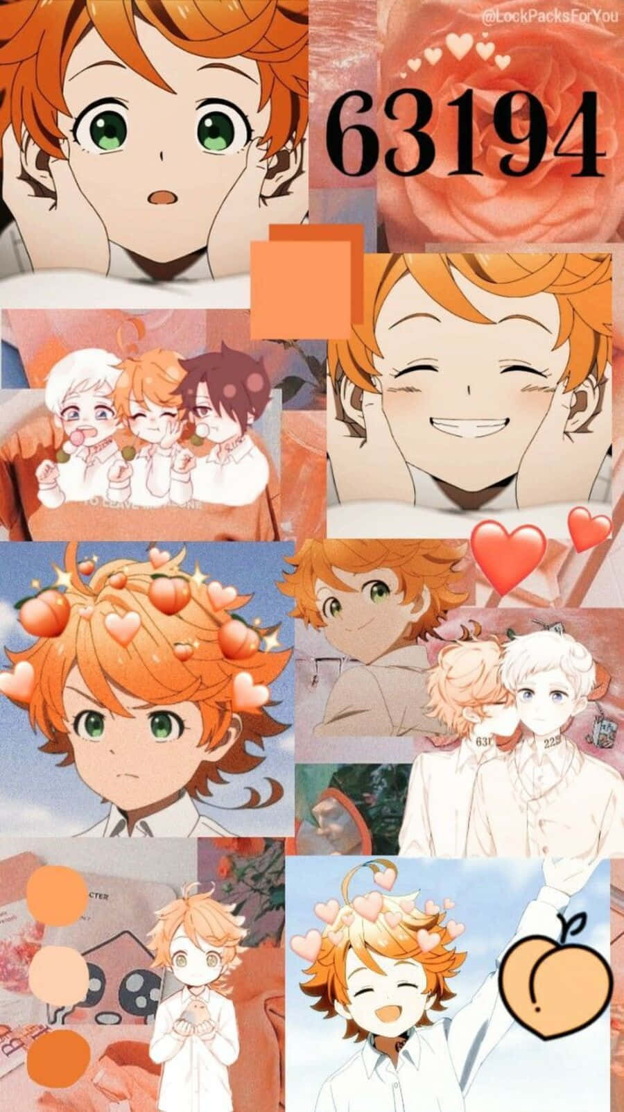 The Promised Neverland Emma 桌布 壁紙 — 一個充滿活力的動漫拼貼畫，以一個開朗的橙色頭髮男孩為特色，展現各種表情和姿勢，並帶有心形和桃子圖案。