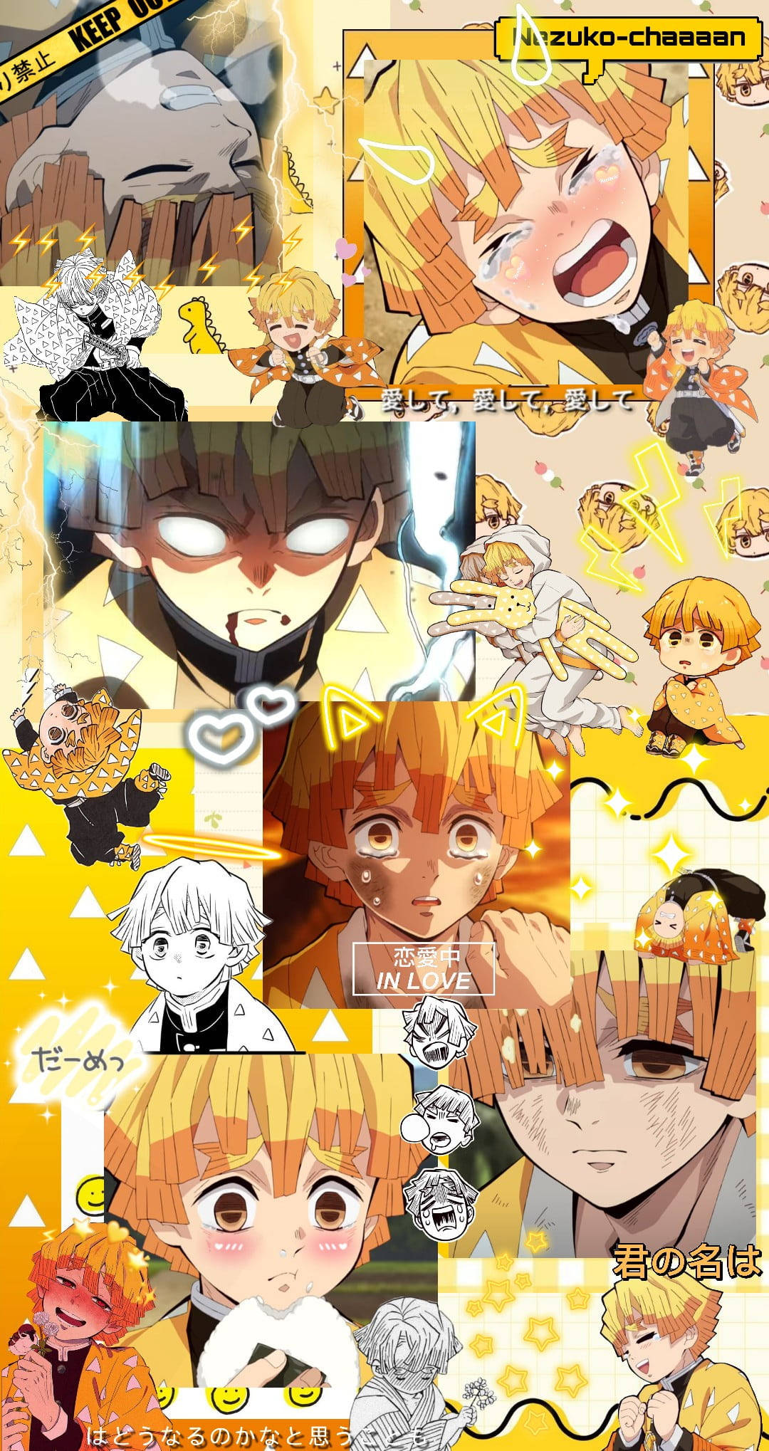 Demon Slayer Aesthetic 桌布 壁紙 — 一個充滿活力的動漫拼貼畫，包含多個金髮角色的特寫，展現動態姿勢和情感狀態，背景為明亮的黃色，帶有日文字和裝飾元素。