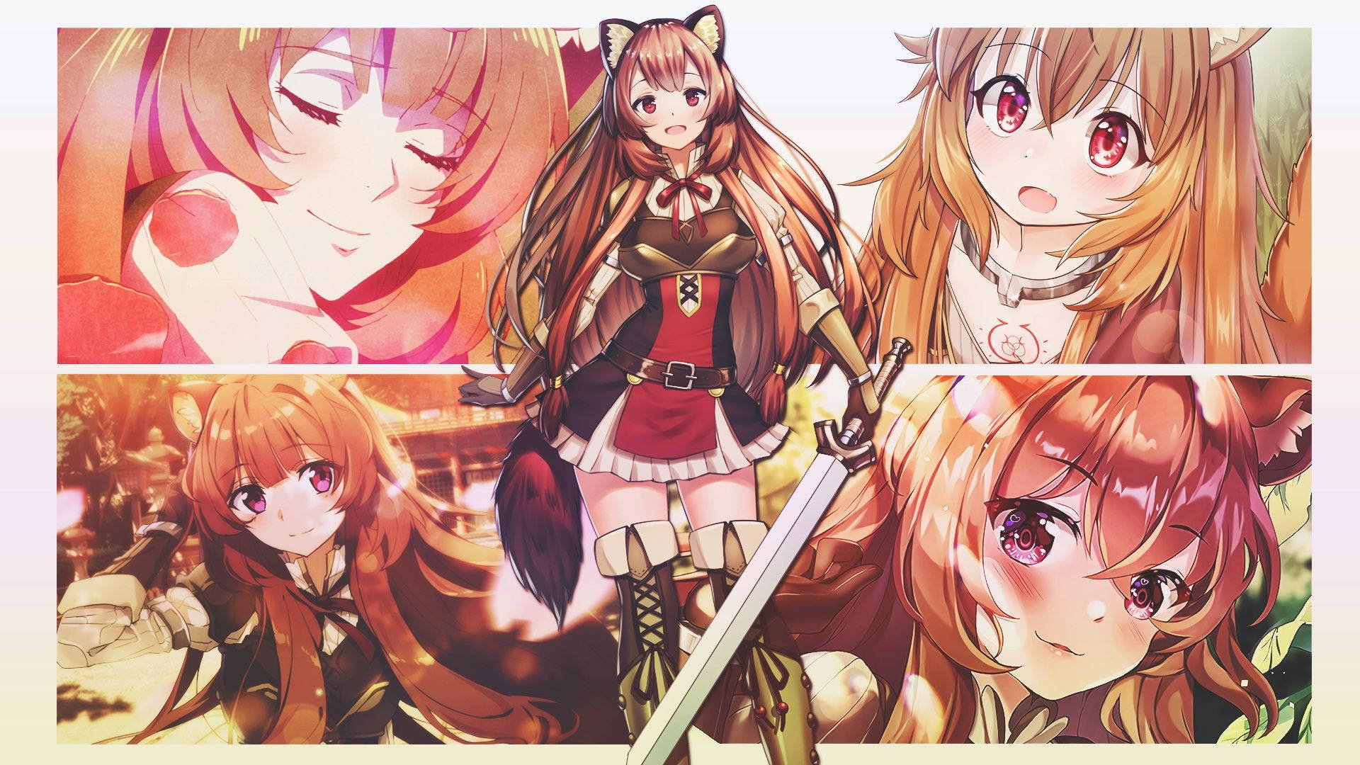 Raphtalia 桌布 壁紙 — 一個充滿活力的動漫拼貼畫，展示一個穿著紅色服裝、戴著貓耳的女孩手持劍，周圍是她表情豐富的臉部特寫。