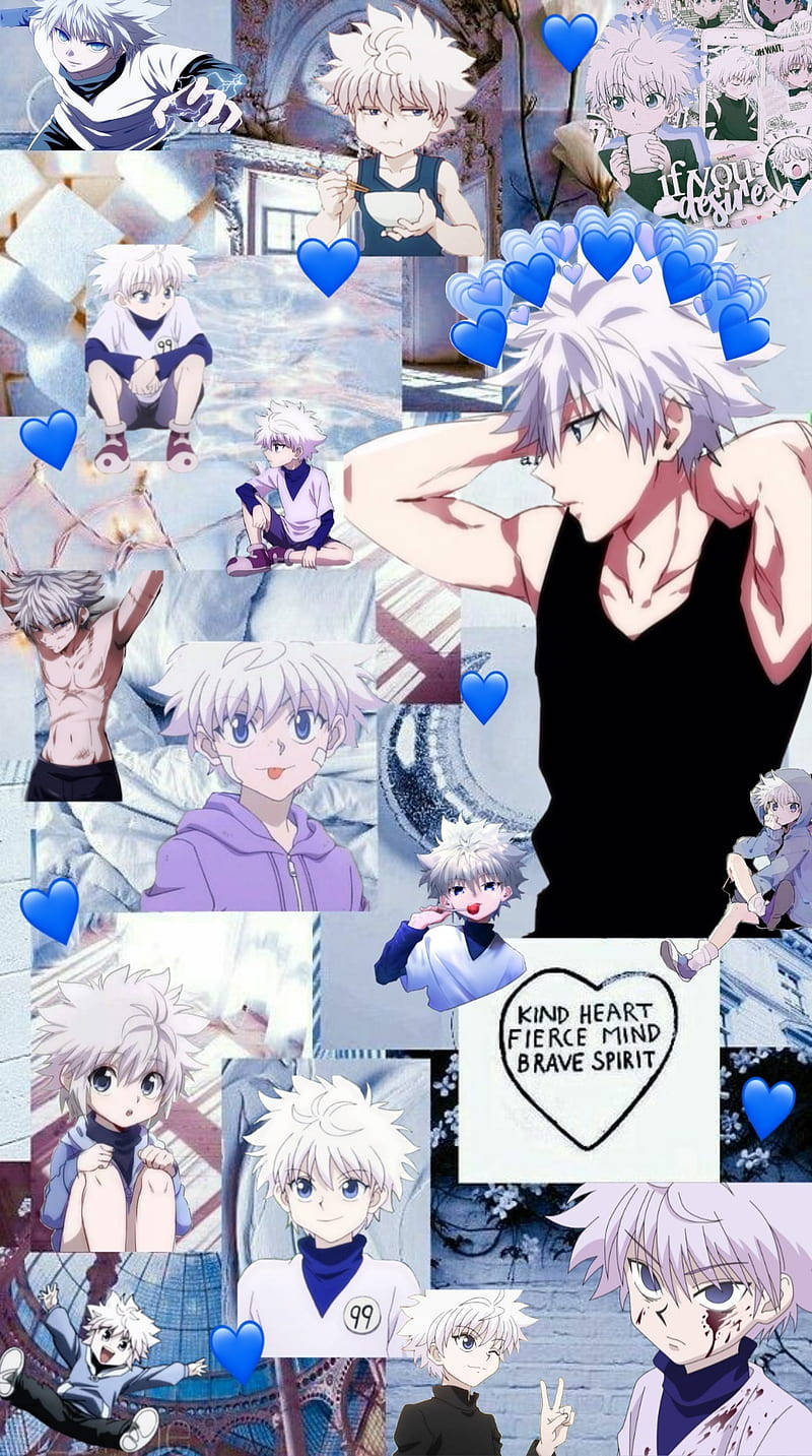 動漫男孩 桌布 壁紙 — 一個充滿活力的動漫拼貼畫，展示了一個白髮角色被藍色心形和勵志文字包圍的多種姿勢。