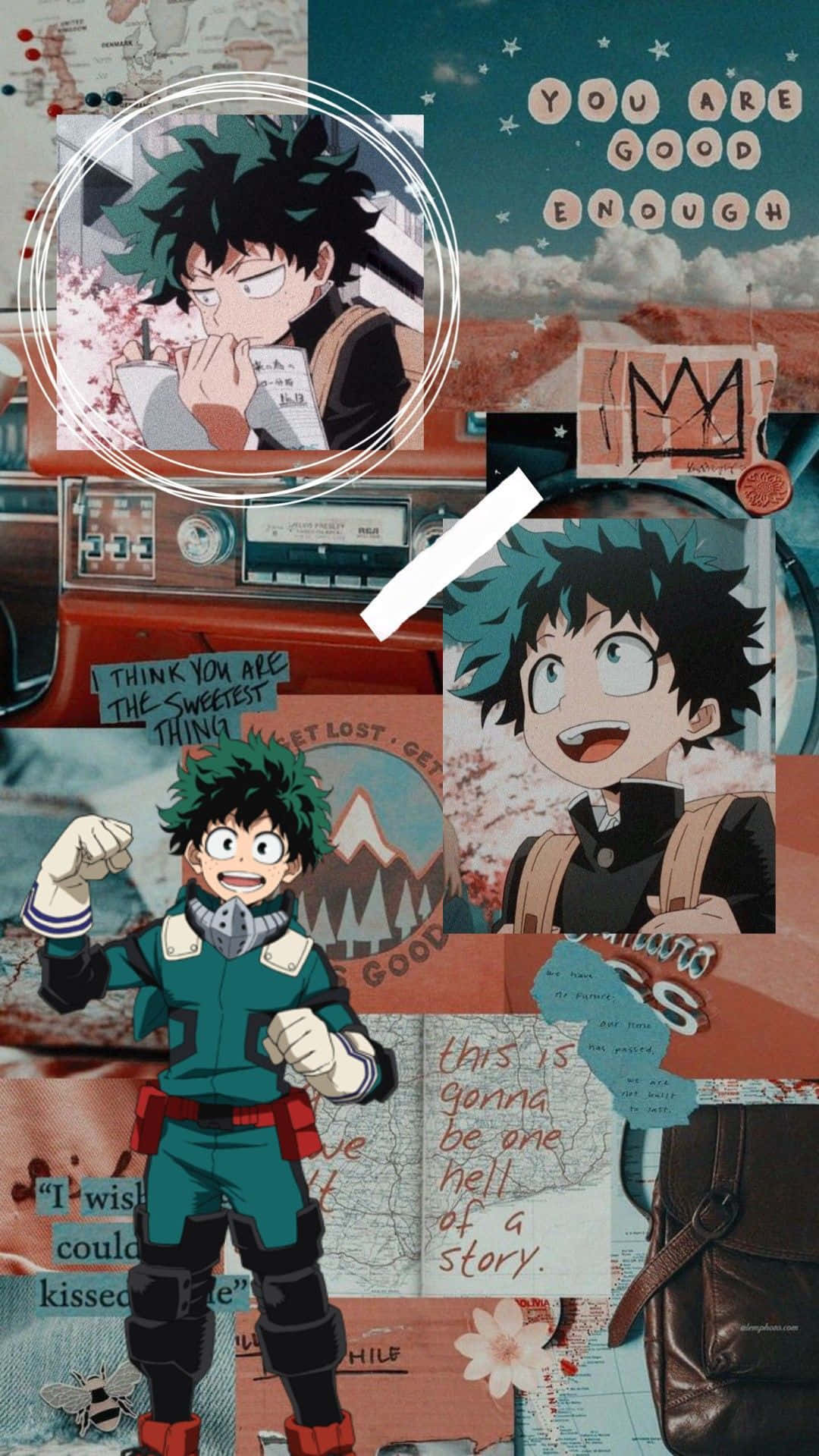 Deku Phone 桌布 壁紙 — 一個充滿活力的動漫拼貼畫，展示了一個綠髮英雄的多種姿勢，周圍環繞著勵志名言和復古卡式錄音帶元素。