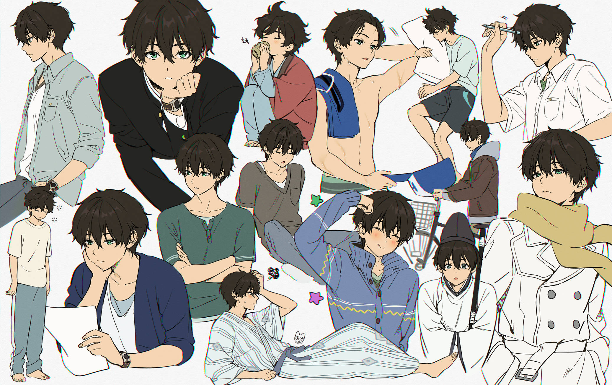 Oreki Houtarou 桌布 壁紙 — 一個充滿活力的動漫拼貼畫，描繪一位年輕男子以各種姿勢和服裝出現在純白色背景上。