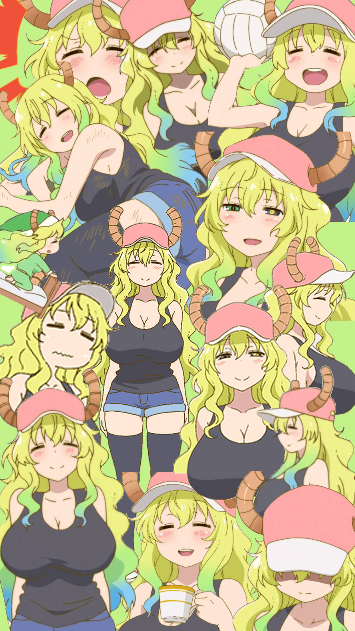 Lucoa 桌布 壁紙 — 一個充滿活力的動漫拼貼畫，描繪一個開朗的角女孩以各種俏皮的姿勢和表情。