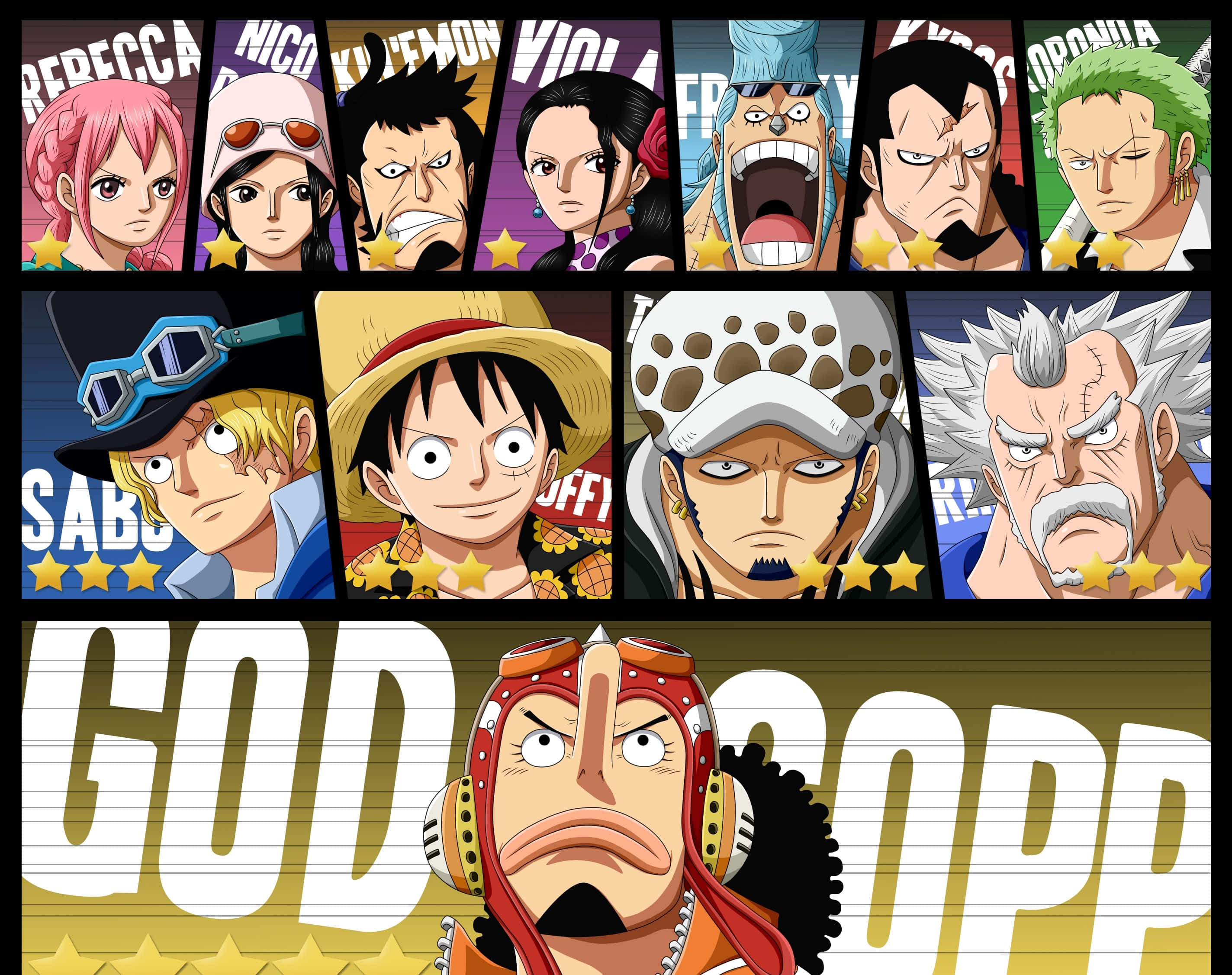 Dressrosa 桌布 壁紙 — 一個充滿活力的動漫桌布，以網格形式展示One Piece角色，帶有鮮明的表情和星級評分，頂部有大型「GOD COPP」文字。