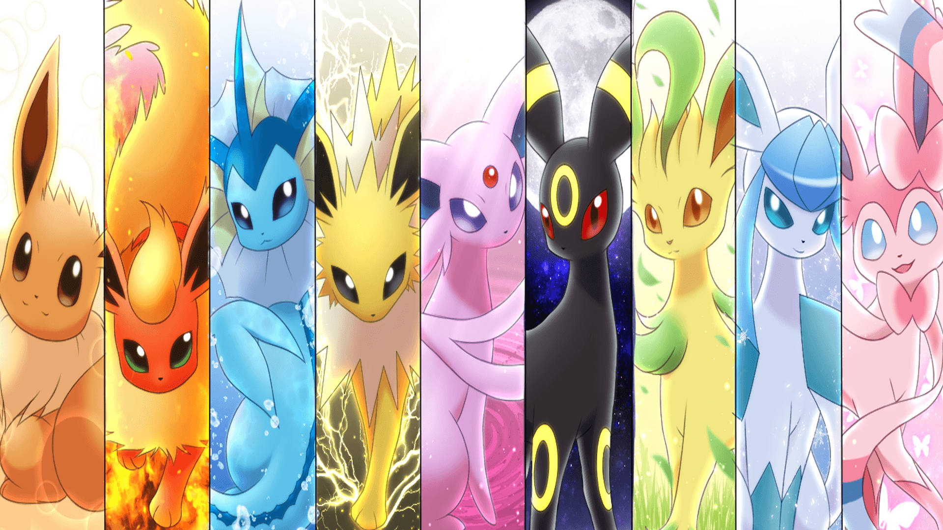 寶可夢 桌布 壁紙 — 一個充滿活力的動漫桌布，包含八個不同的寶可夢角色，每個都在自己色彩繽紛的垂直面板中，帶有獨特的元素主題。