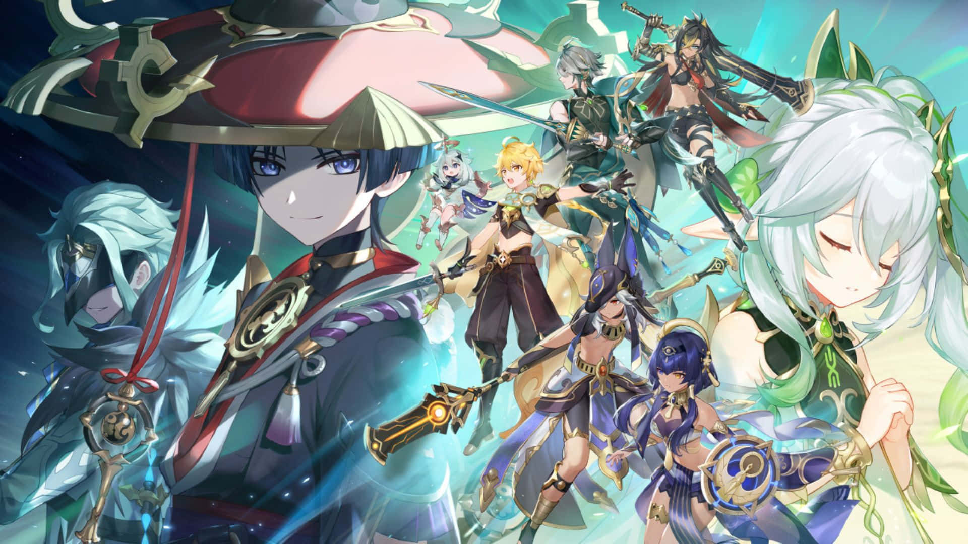 Genshin Impact Characters 桌布 壁紙 — 一個充滿活力的動漫桌布，描繪了一組動態的奇幻角色，手持發光武器，身著精緻服裝，背景是宇宙星空。