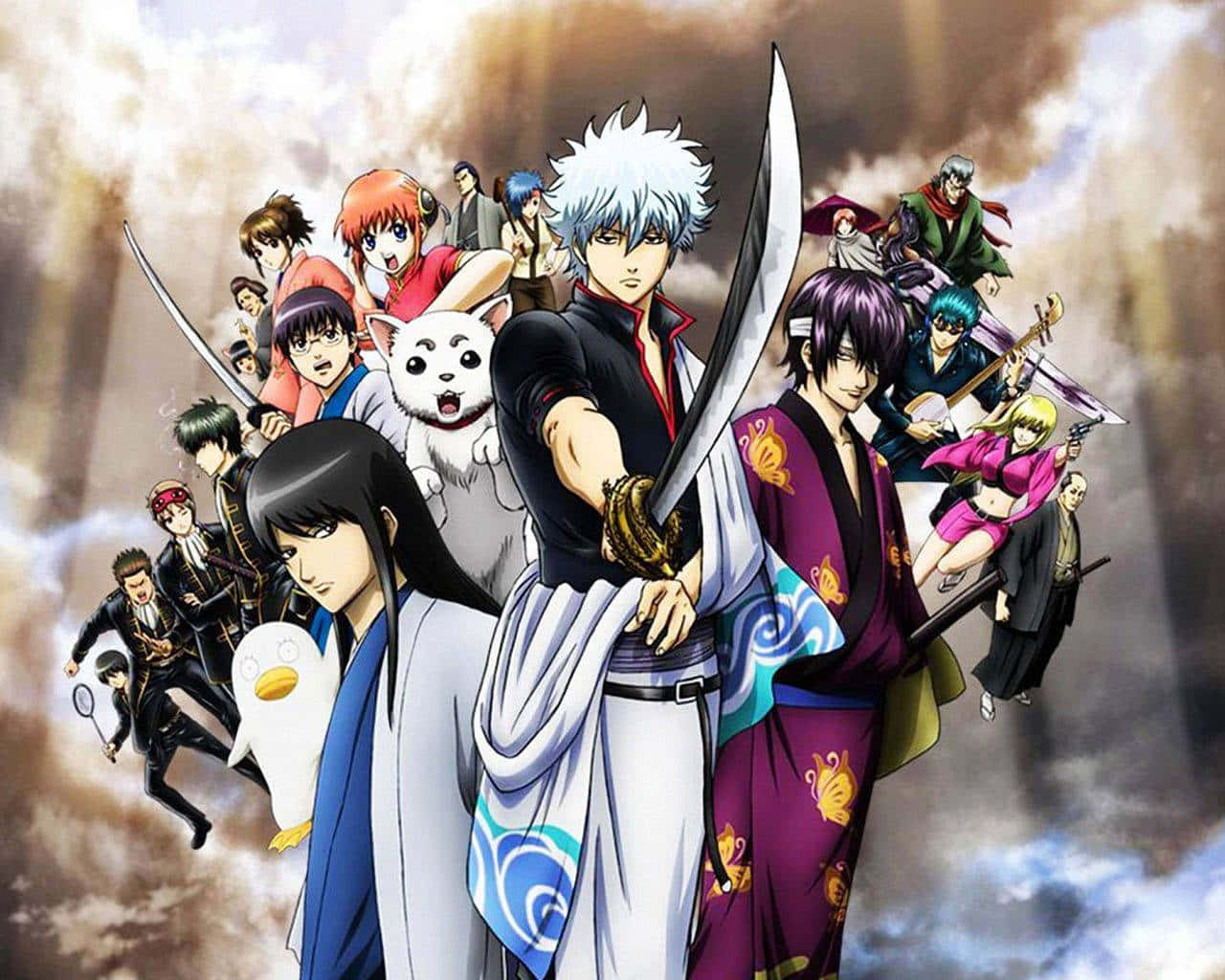 銀魂 桌布 壁紙 — 一個充滿活力的動漫武士和戰士群體，手持劍和寵物，英勇地站在暴風雨的天空下。