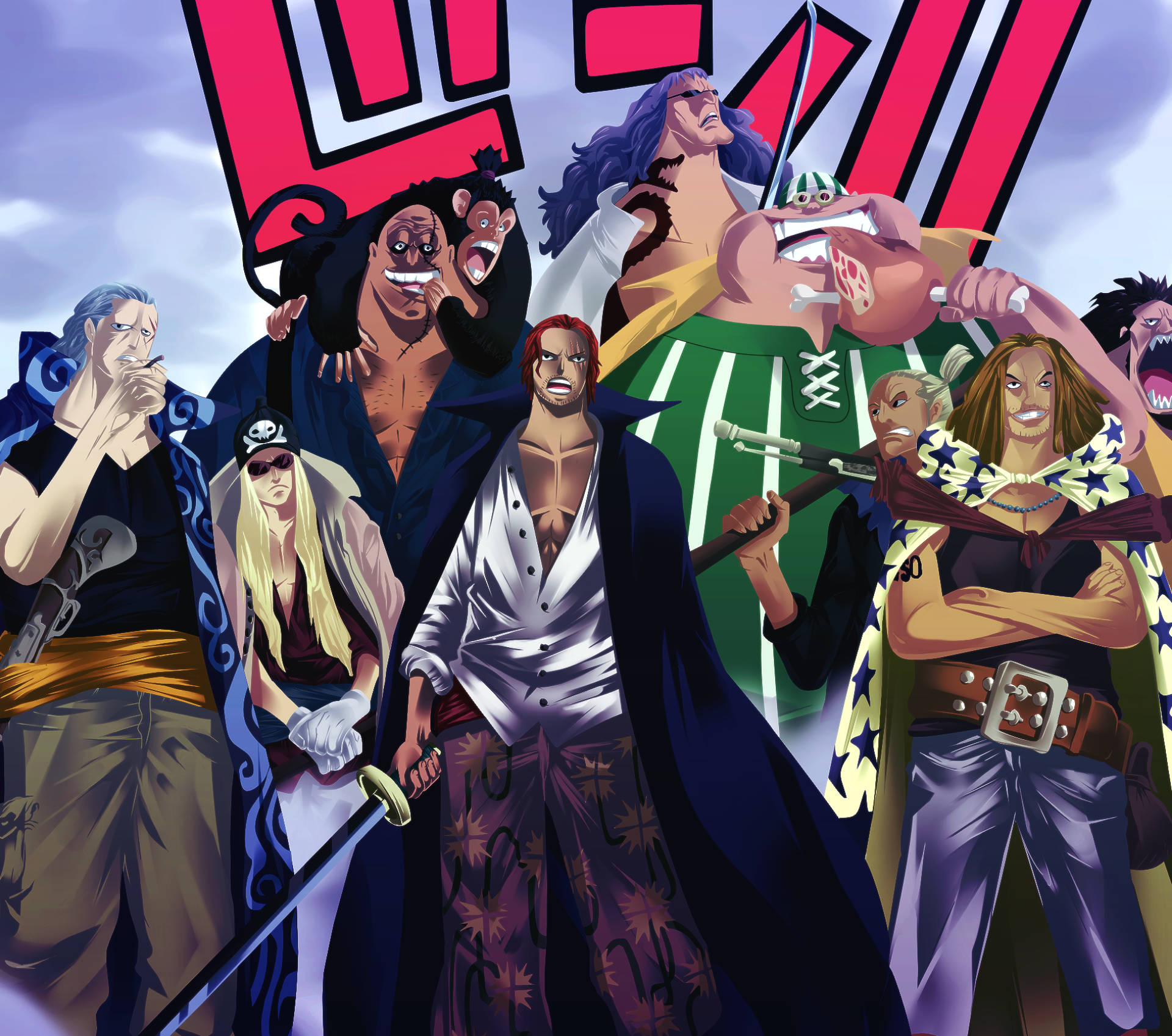 Shanks 桌布 壁紙 — 一個充滿活力的動漫海盜團體，手持劍，表情兇猛，在陰天天空下帶有紅色標誌。