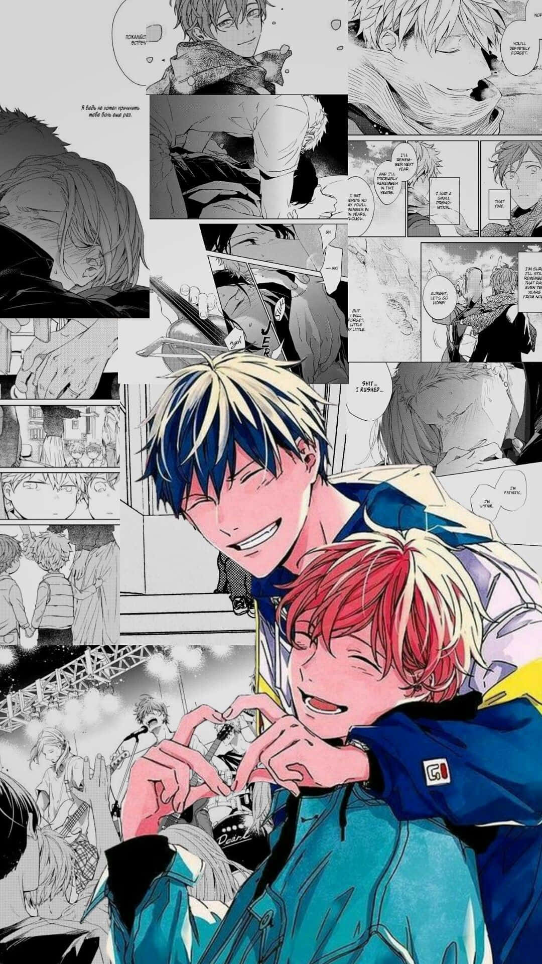 Given Anime 桌布 壁紙 — 一個充滿活力的動漫漫畫面板拼貼畫， featuring 兩個微笑的青少年用手做出心形，周圍環繞著灰階漫畫條。