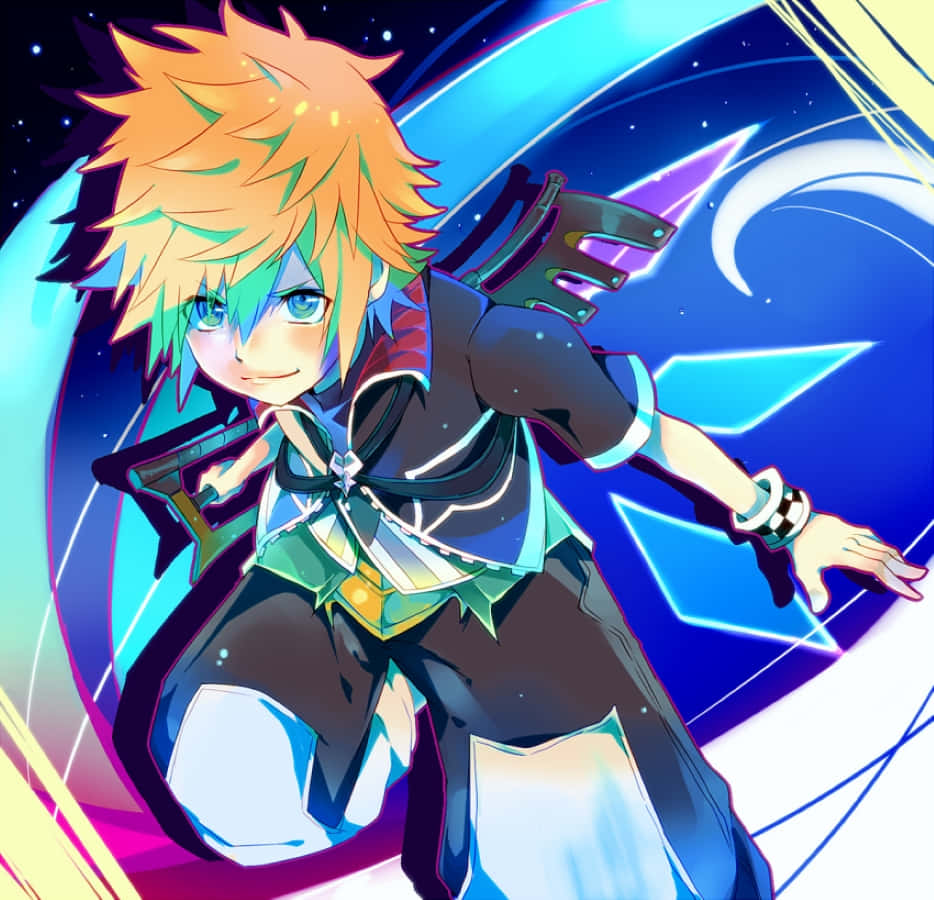 Kingdom Hearts Ventus 桌布 壁紙 — 一個充滿活力的動漫男孩，擁有尖刺的橙色頭髮和藍色眼睛，在宇宙星空背景下揮舞著發光的劍。
