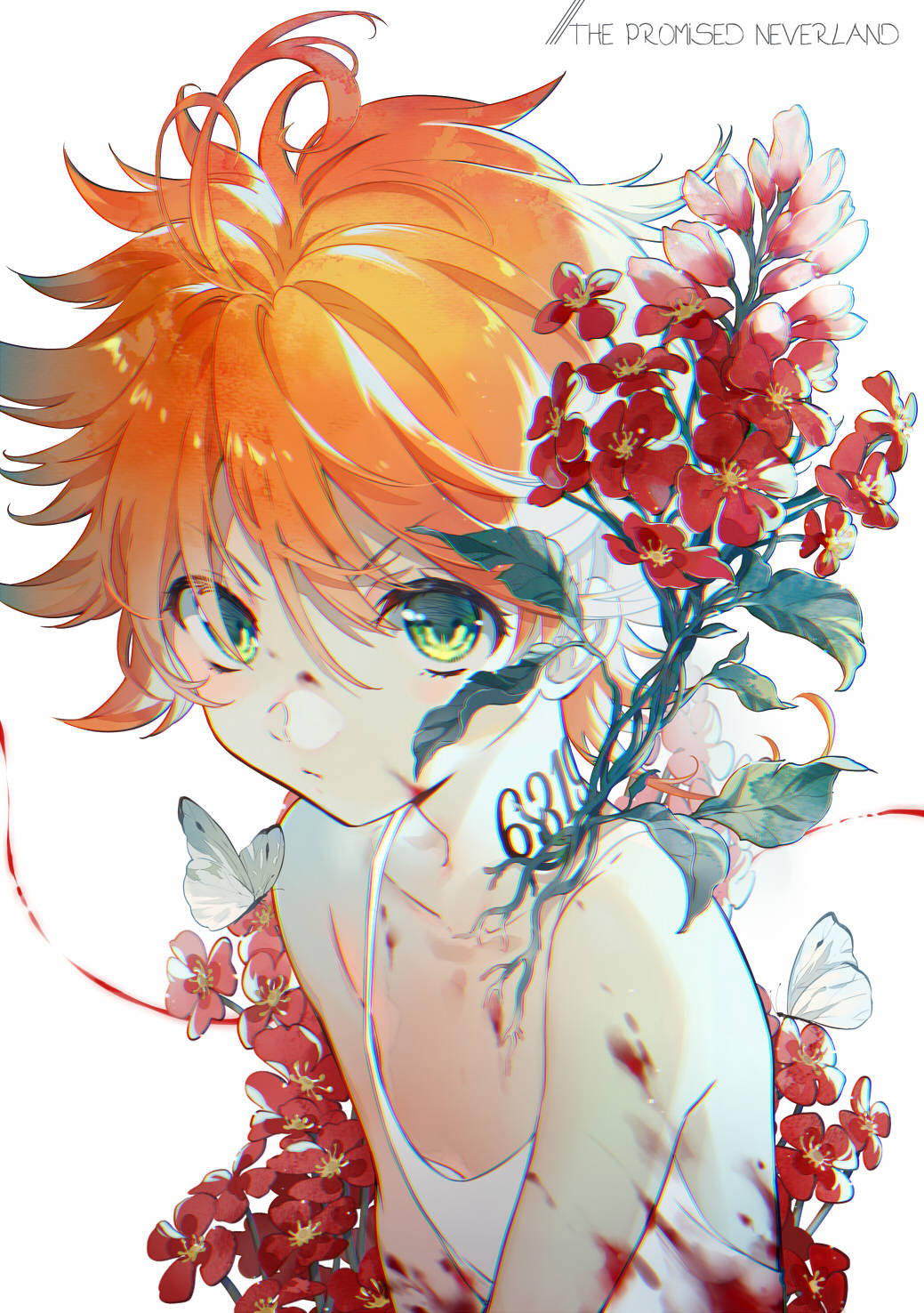 The Promised Neverland 桌布 壁紙 — 一個充滿活力的動漫男孩，擁有火紅的橙色頭髮和綠色眼睛，被紅花和蝴蝶包圍，背景為白色。
