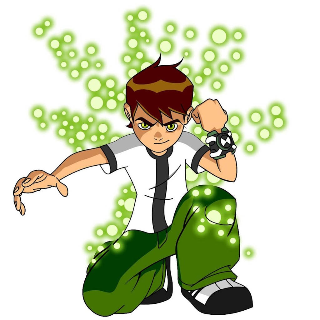 Ben 10 桌布 壁紙 — 一個充滿活力的動漫男孩，穿著綠色褲子和白色襯衫，蹲下時身後有發光的綠色能量粒子旋轉。