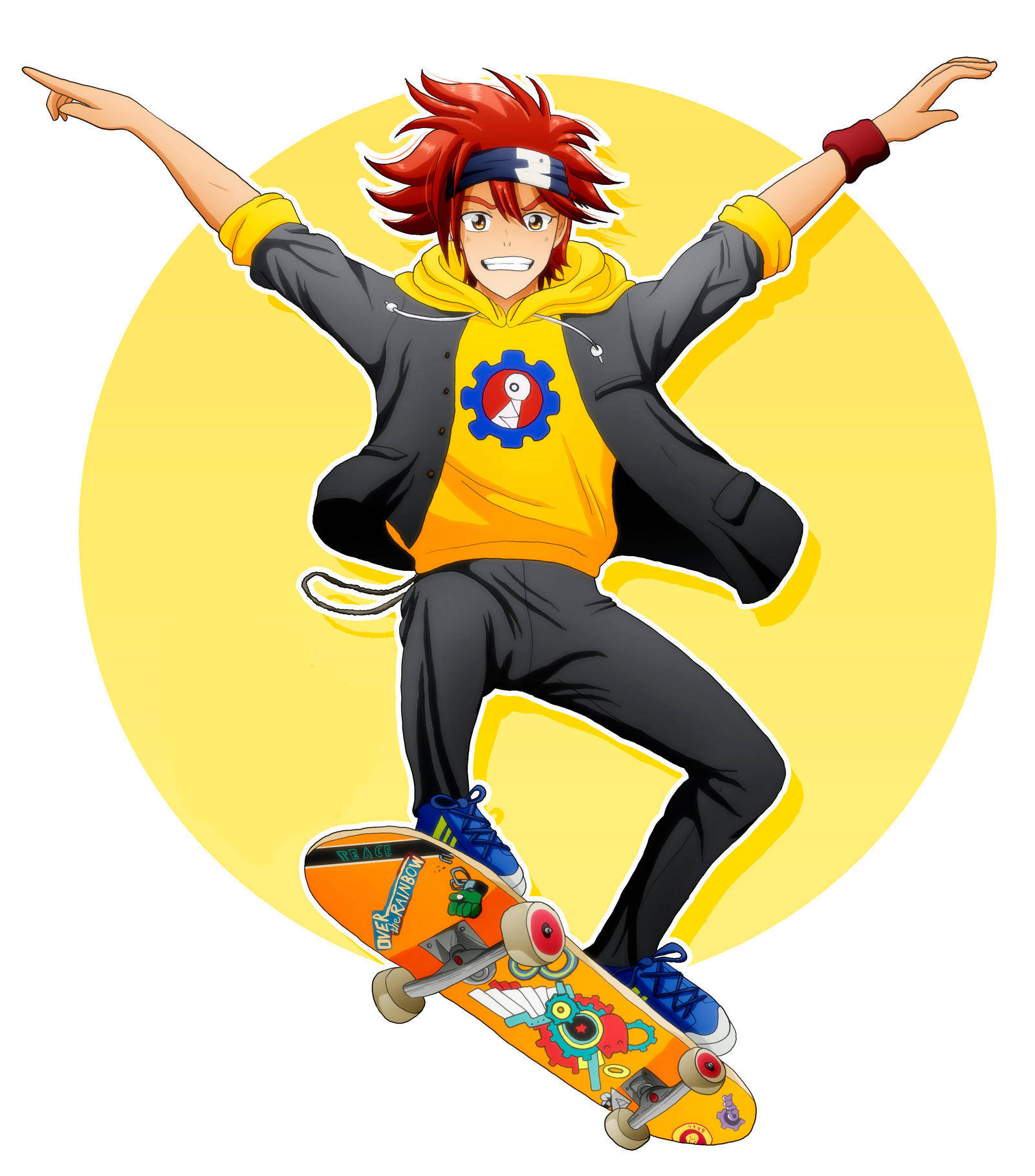 Skater Boy Aesthetic 桌布 壁紙 — 一個充滿活力的動漫男孩，紅髮黃色連帽衫，在色彩繽紛的滑板上騰空咧嘴笑，背景是明亮的黃色圓形。